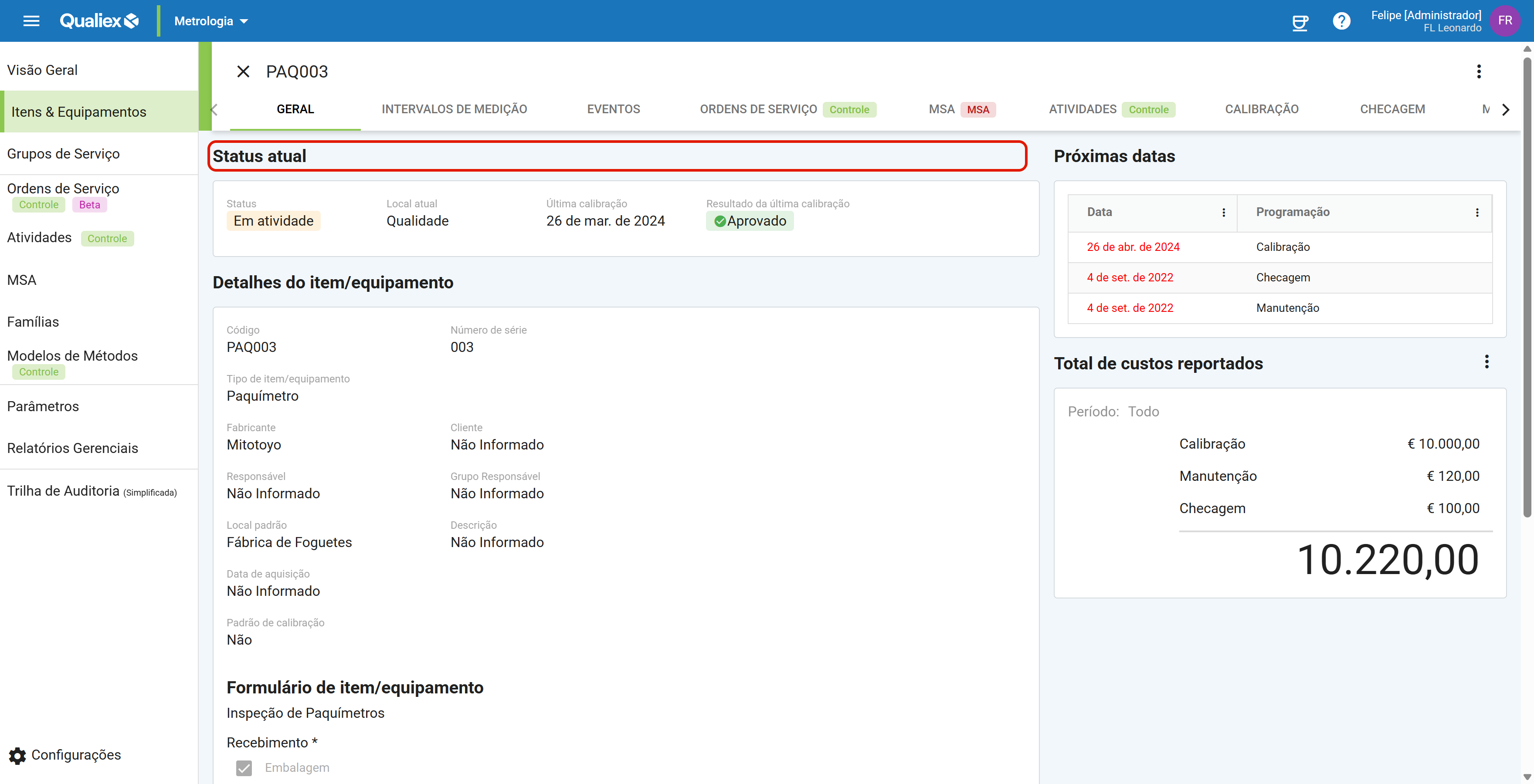 Aba geral bloco status atual
