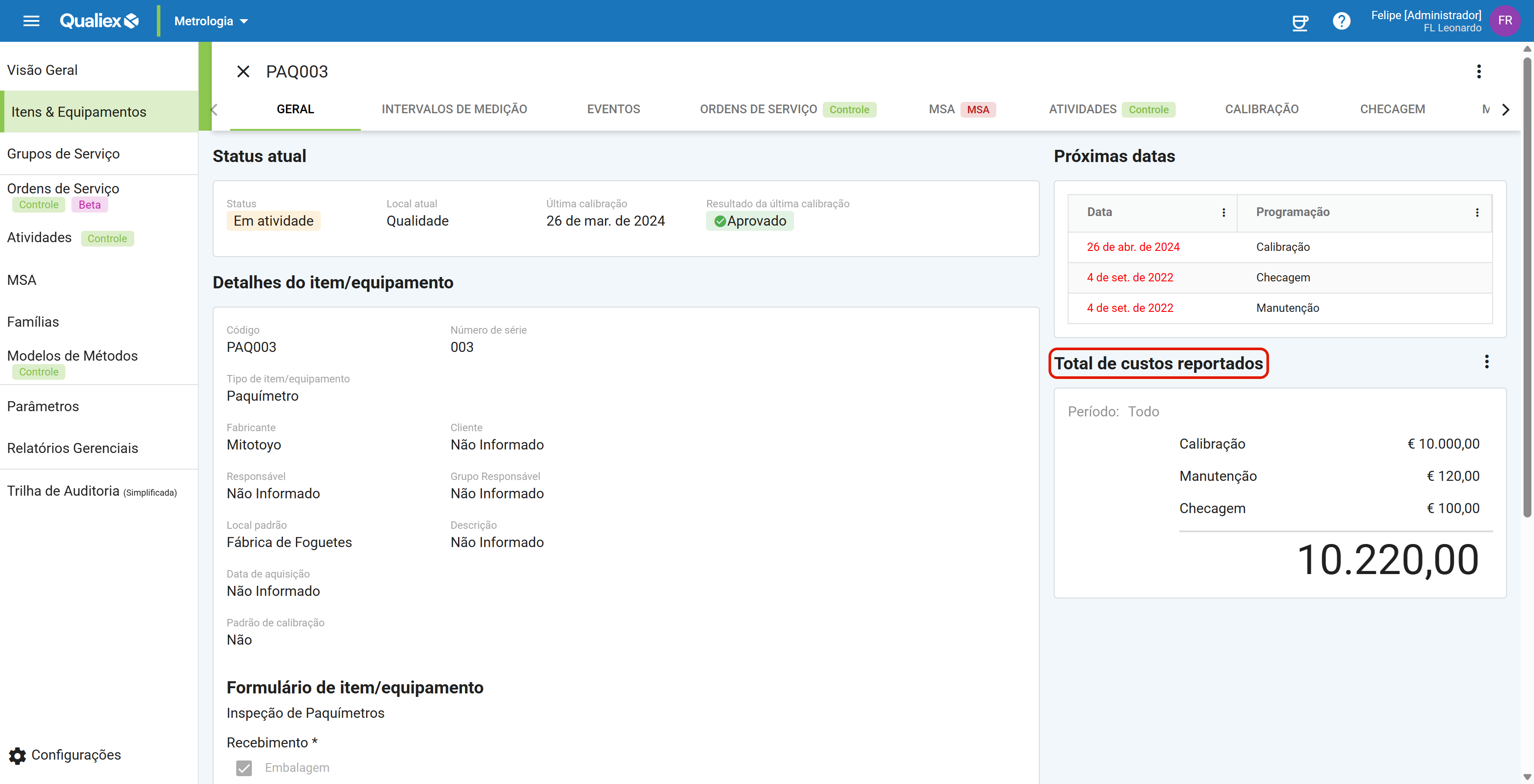 Bloco total de custos reportados