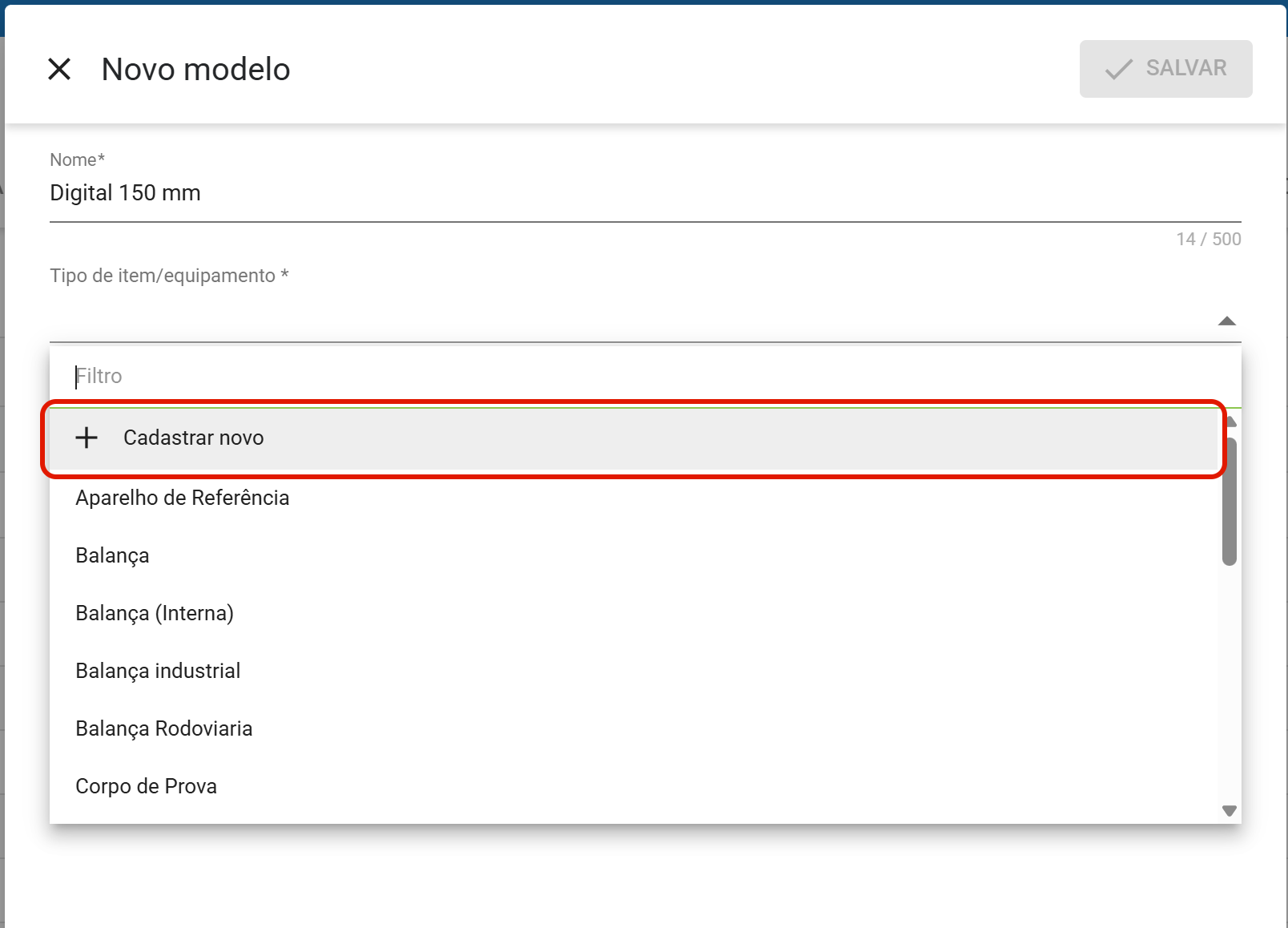 Lista de tipos com cadastrar novo