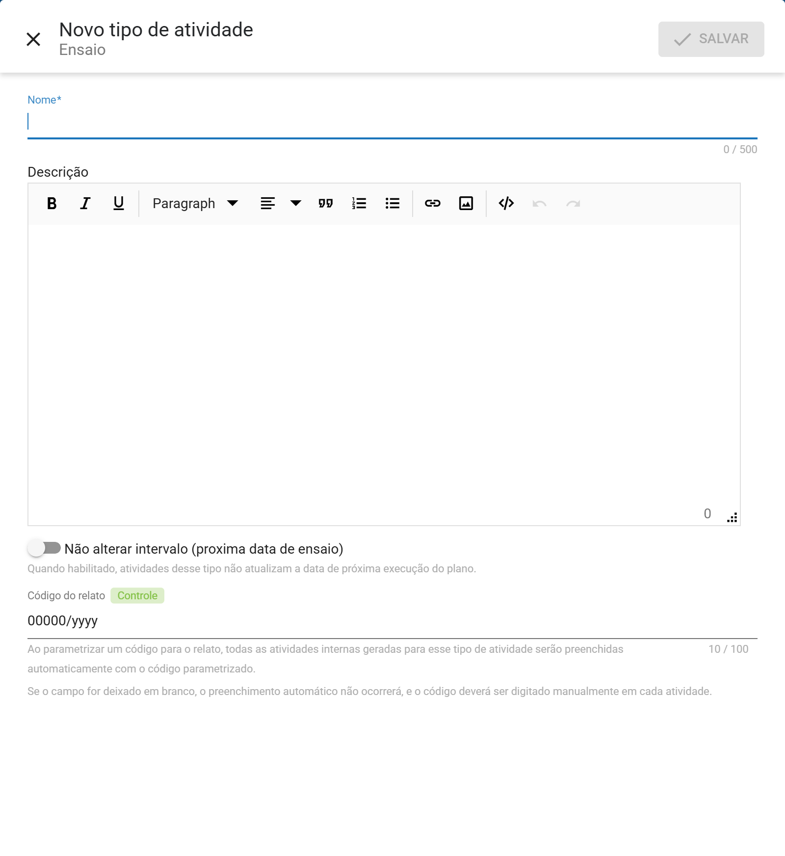 Formulario novo tipo de atividade
