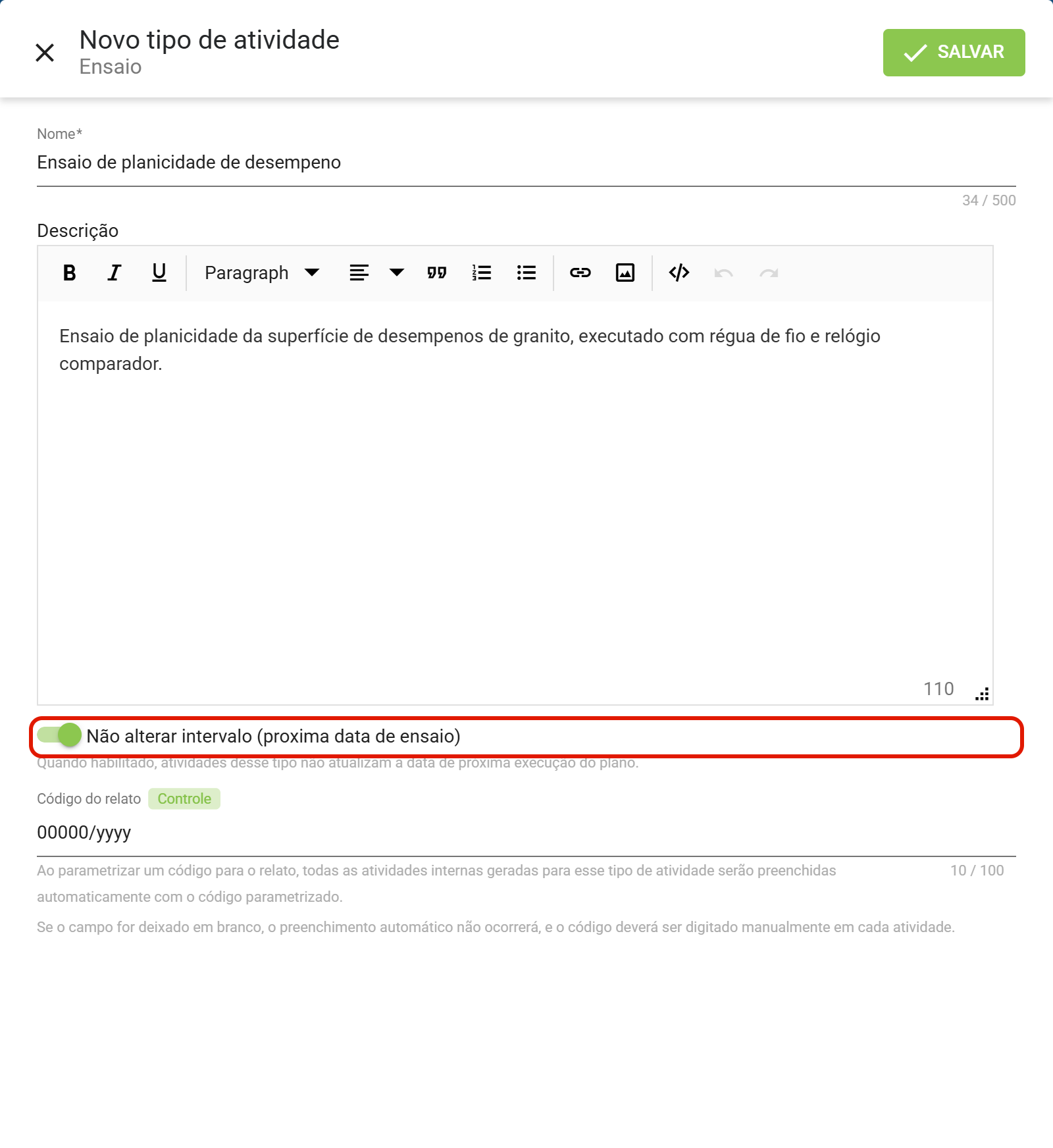 Opcao nao alterar intervalo ativada