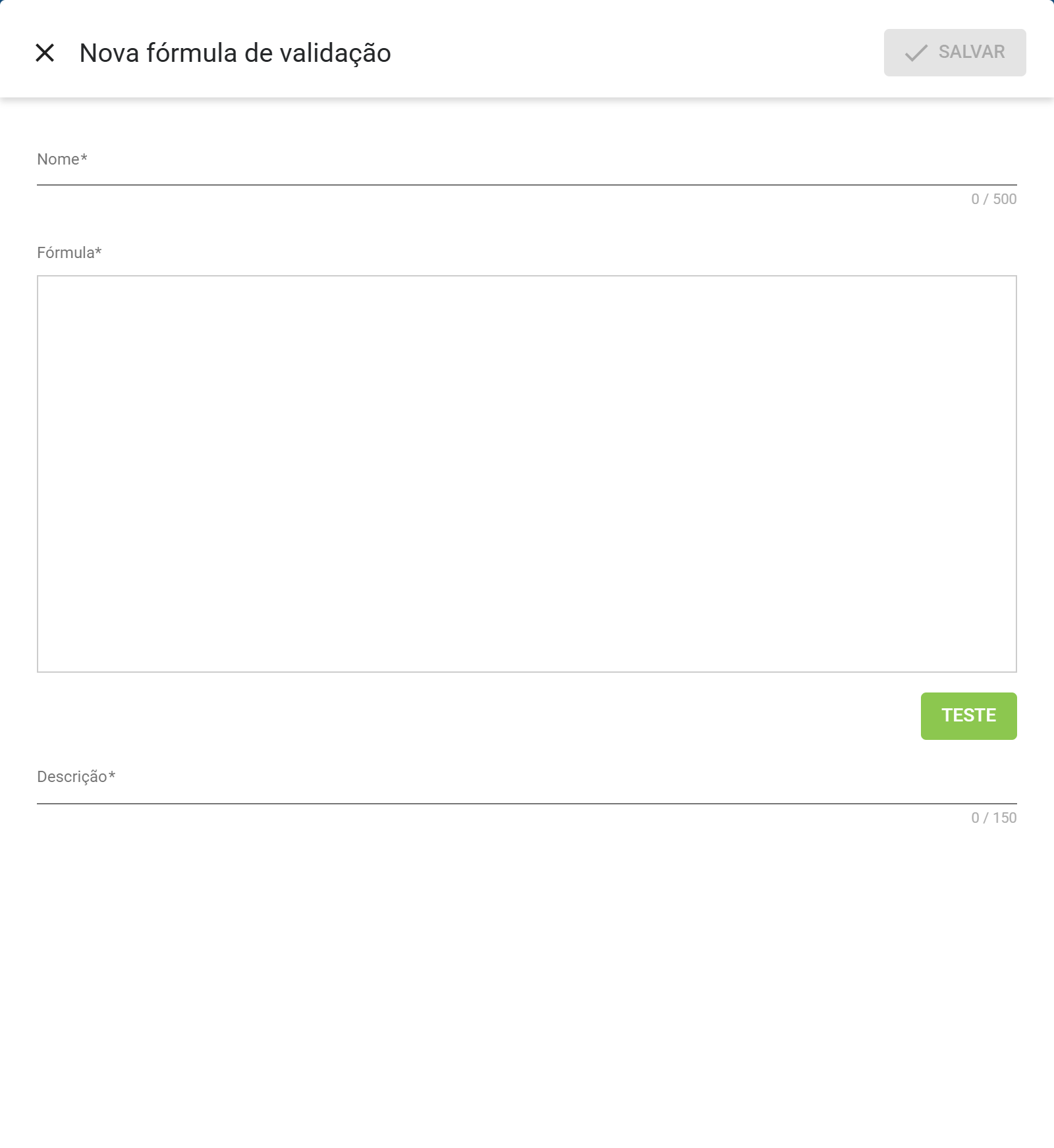 Formulario nova formula de validacao
