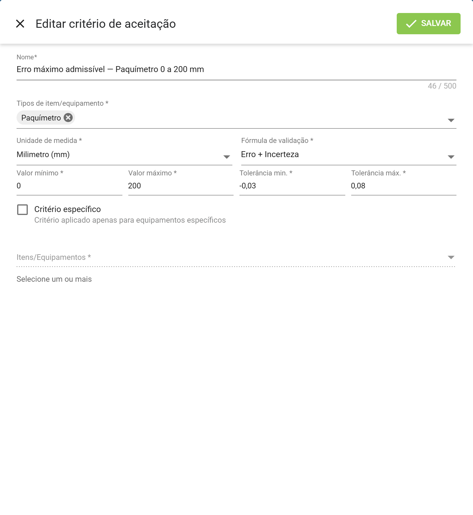 Formulario editar criterio de aceitacao