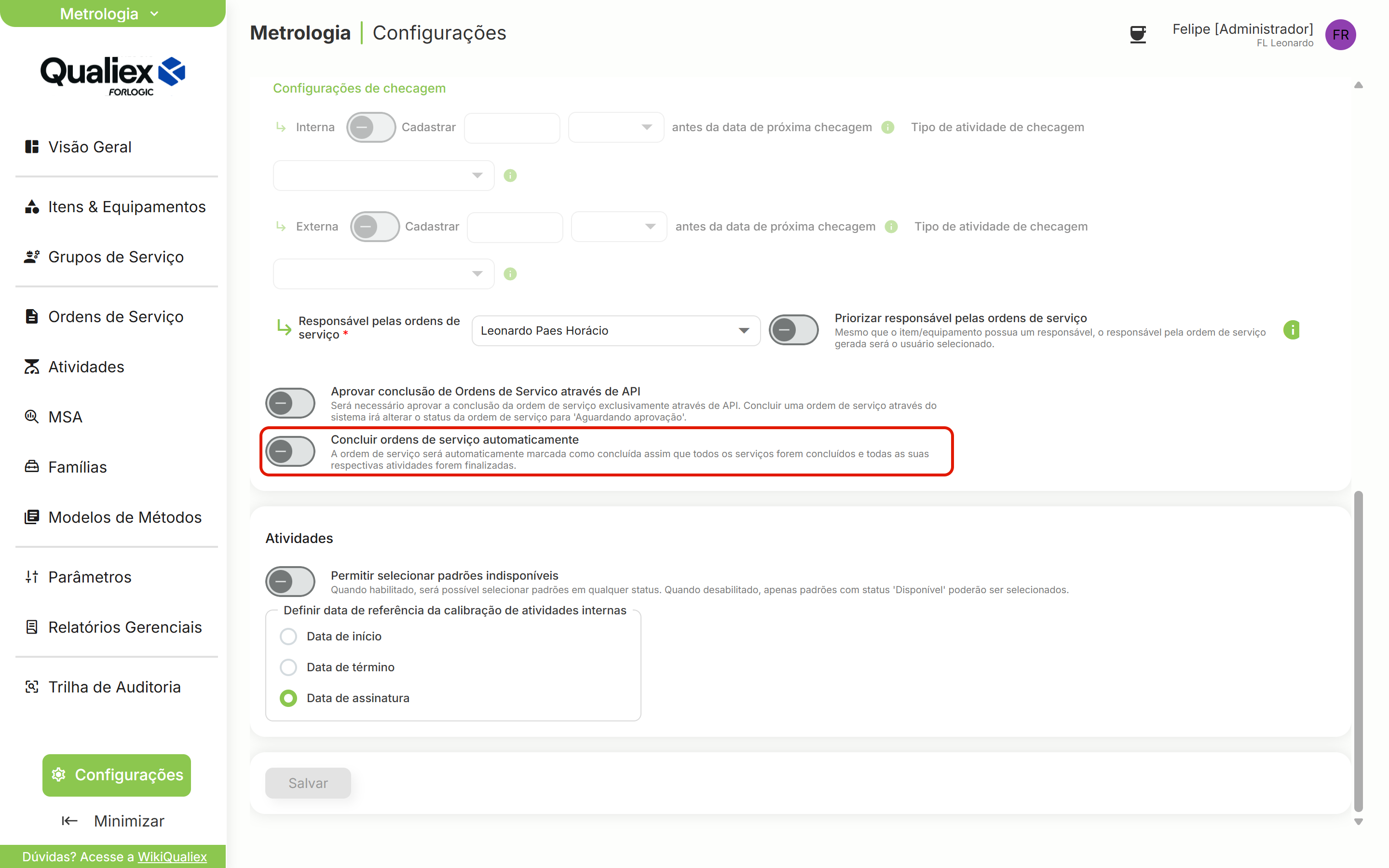 Interruptor concluir ordens de servico automaticamente