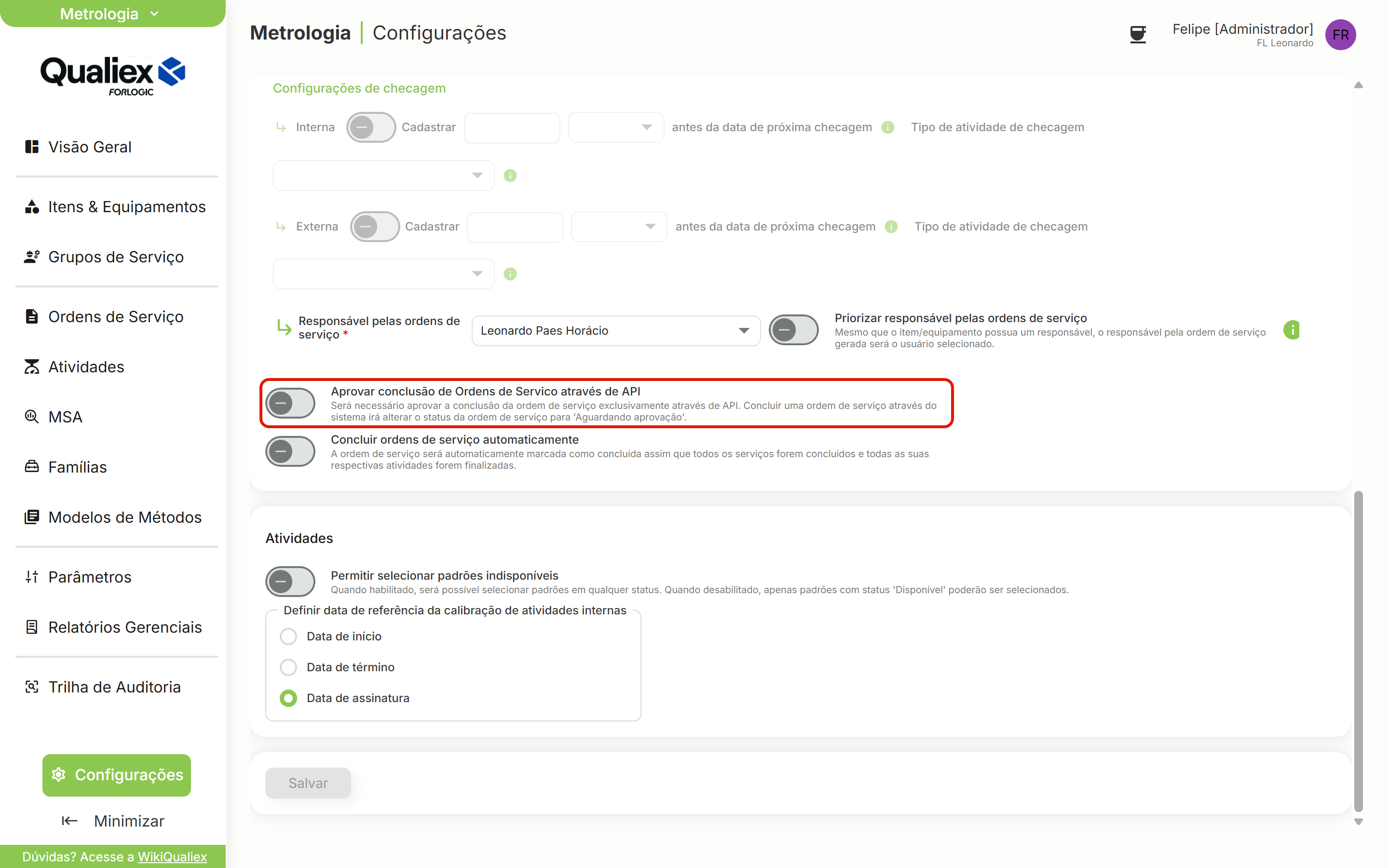 Interruptor aprovar conclusao atraves de api