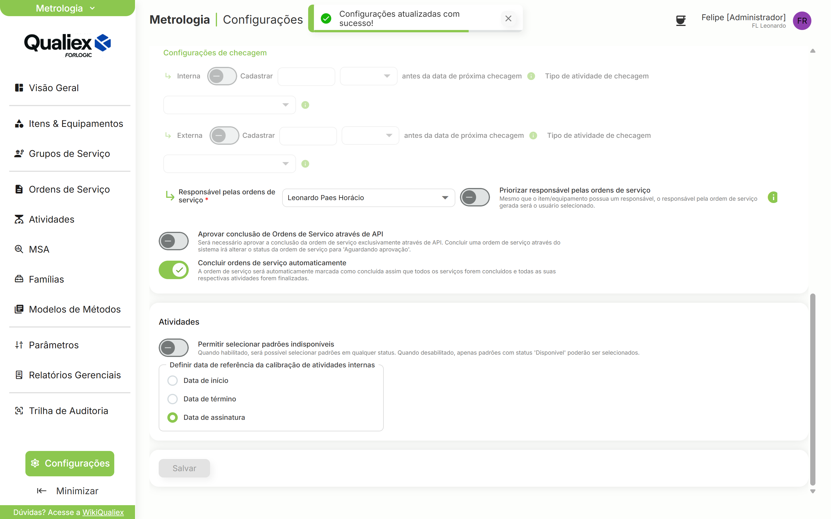 Mensagem configuracoes atualizadas com sucesso