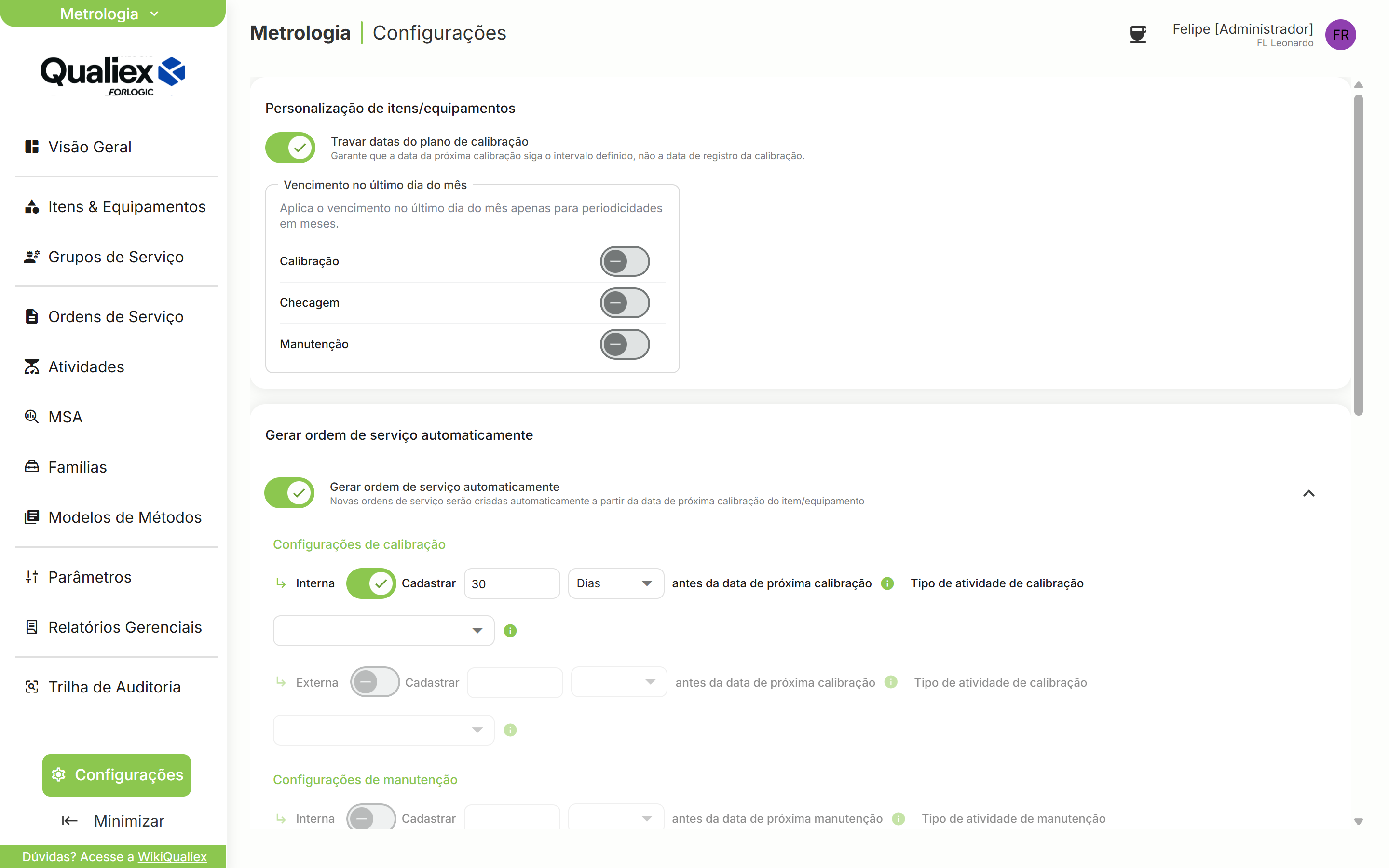 Configuracoes de calibracao interna e externa