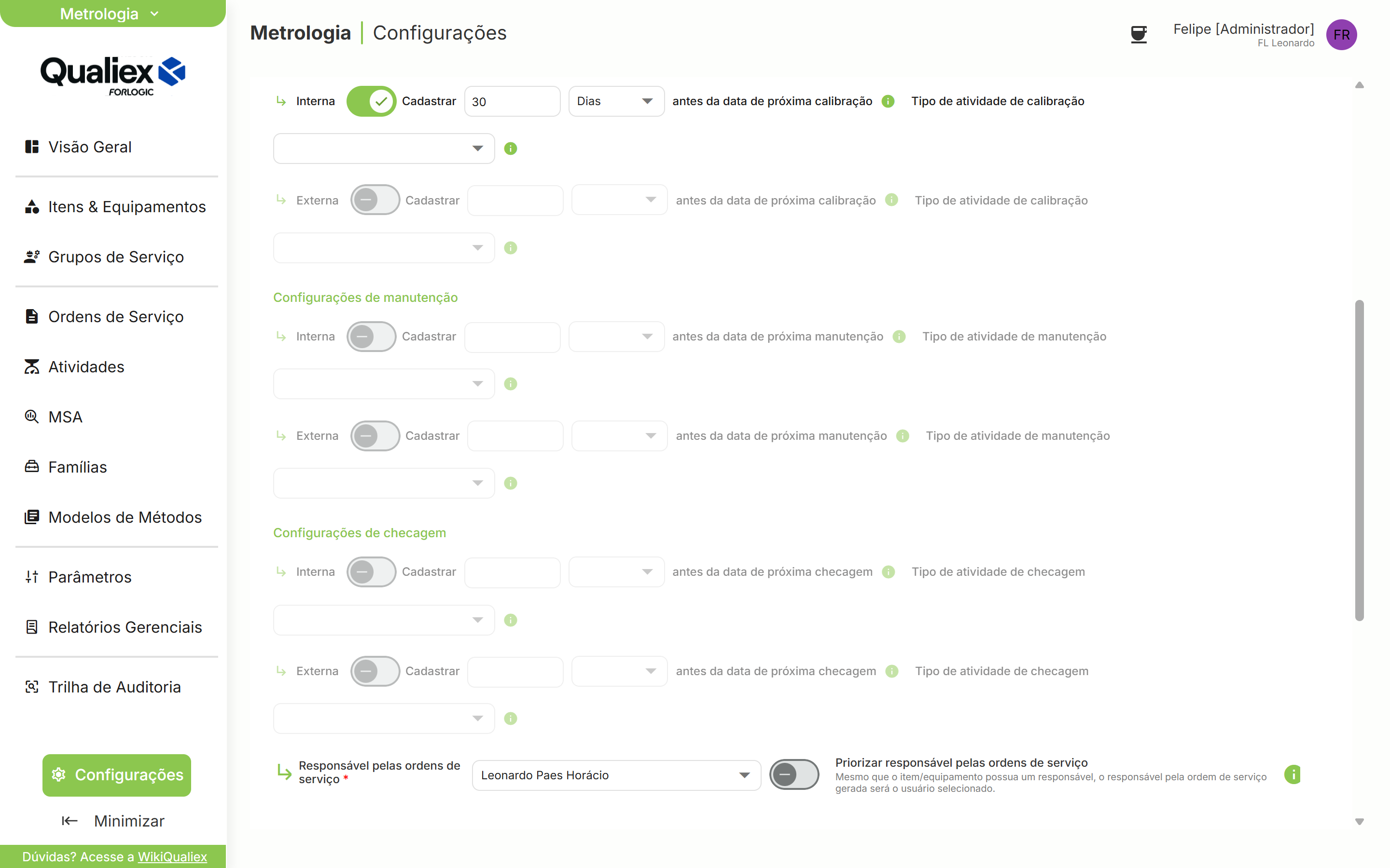 Configuracoes de manutencao e de checagem