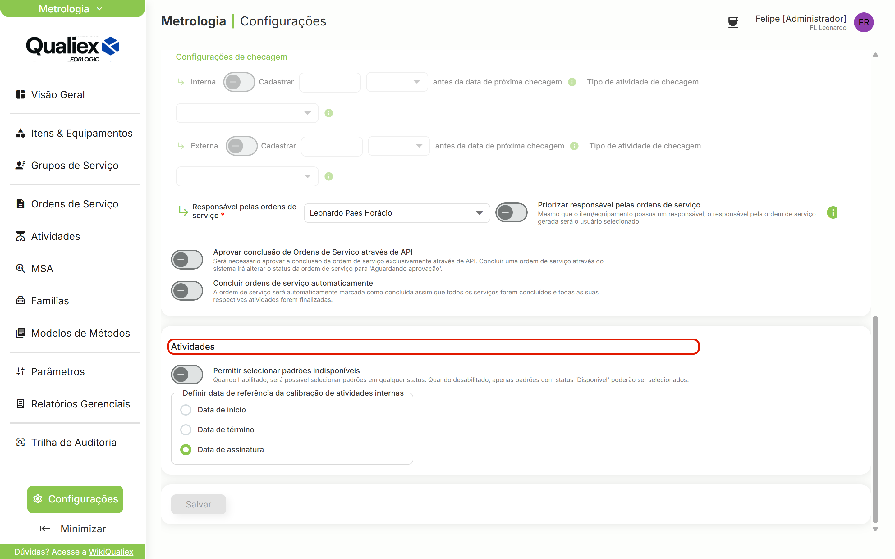 Bloco atividades na tela de configuracoes