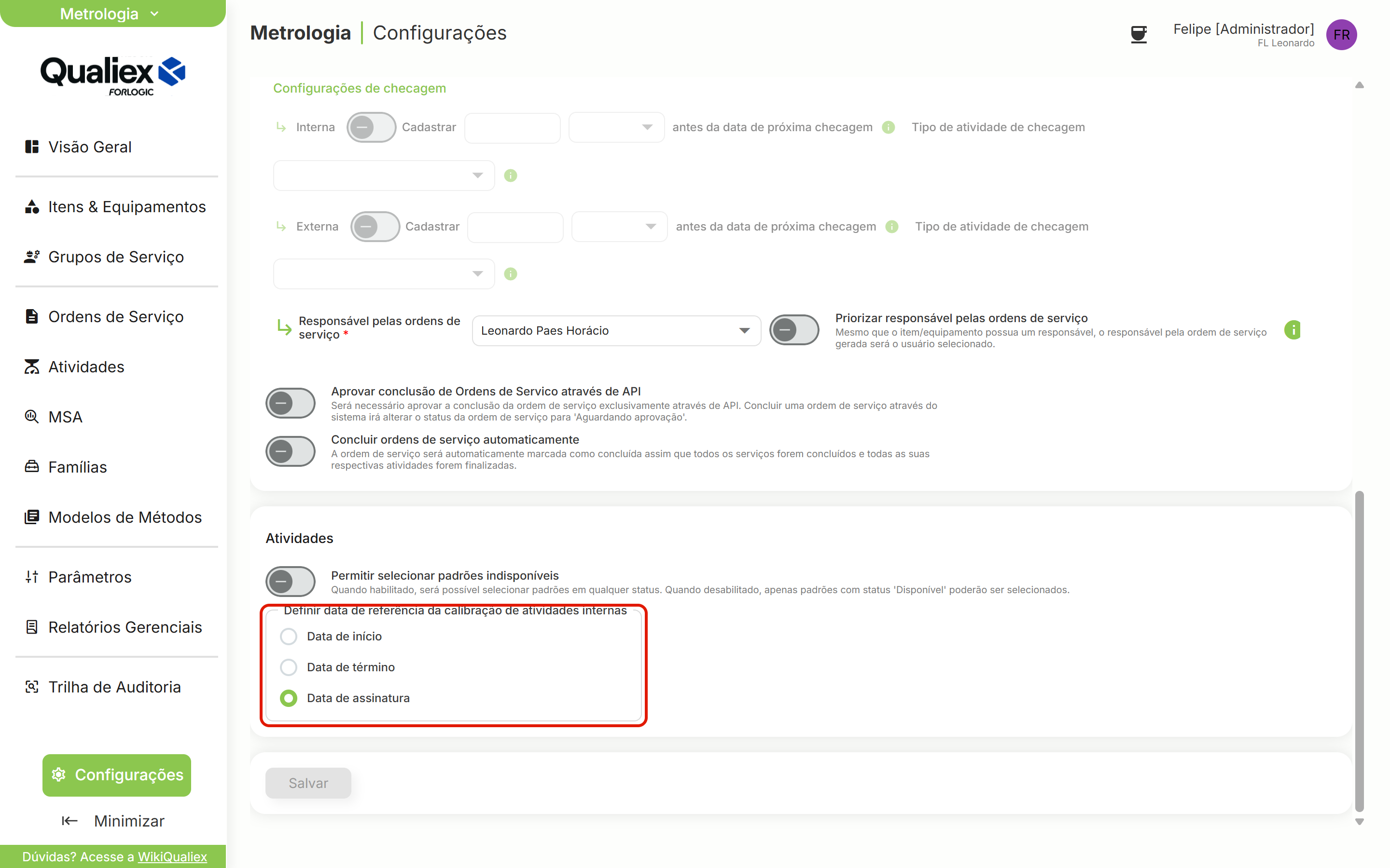 Configuracao restaurada para data de assinatura