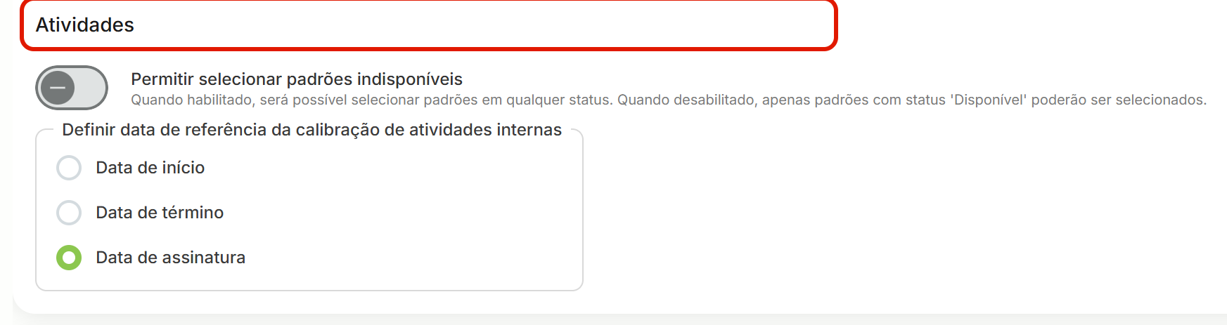 Secao atividades da tela de configuracoes