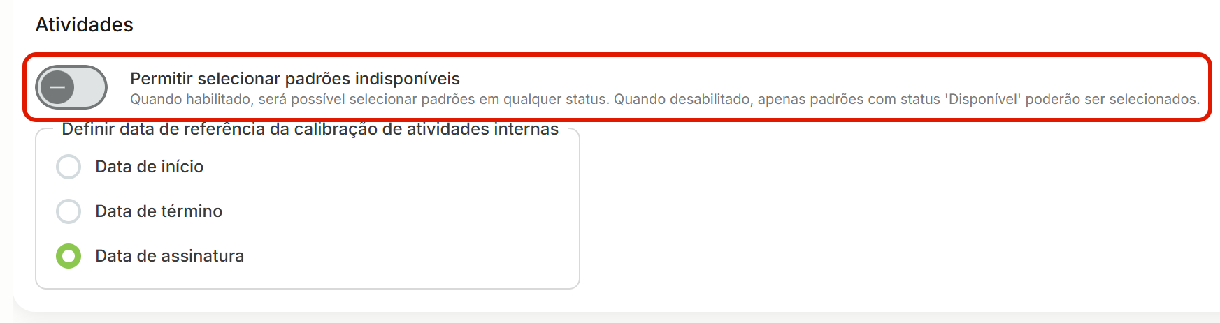 Permitir selecionar padroes indisponiveis