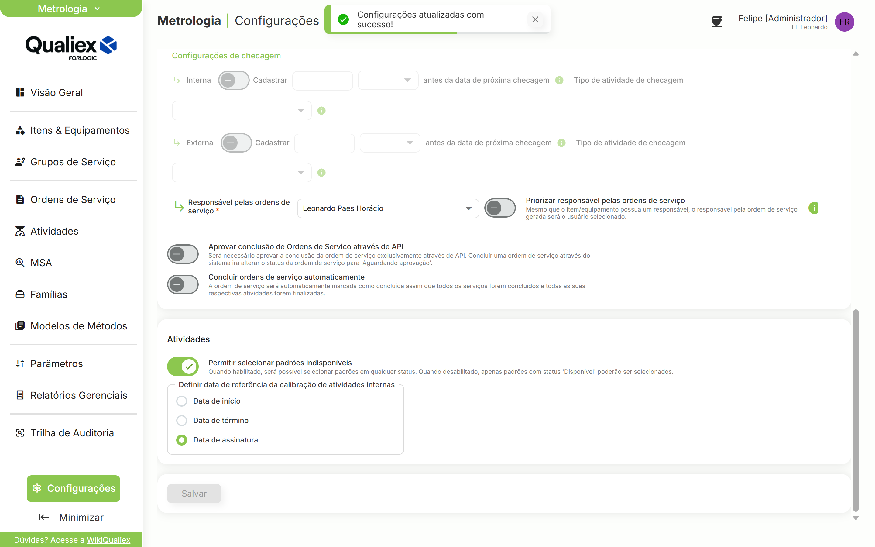 Mensagem configuracoes atualizadas com sucesso