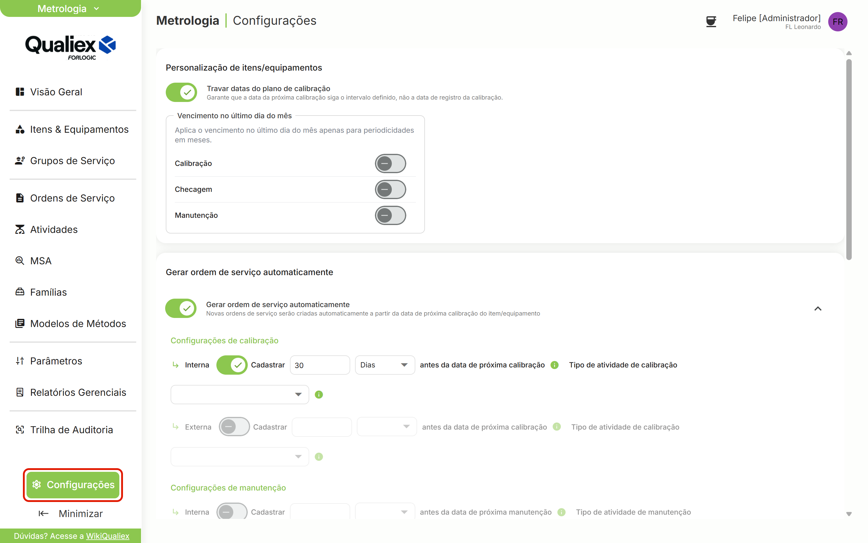 Menu configuracoes