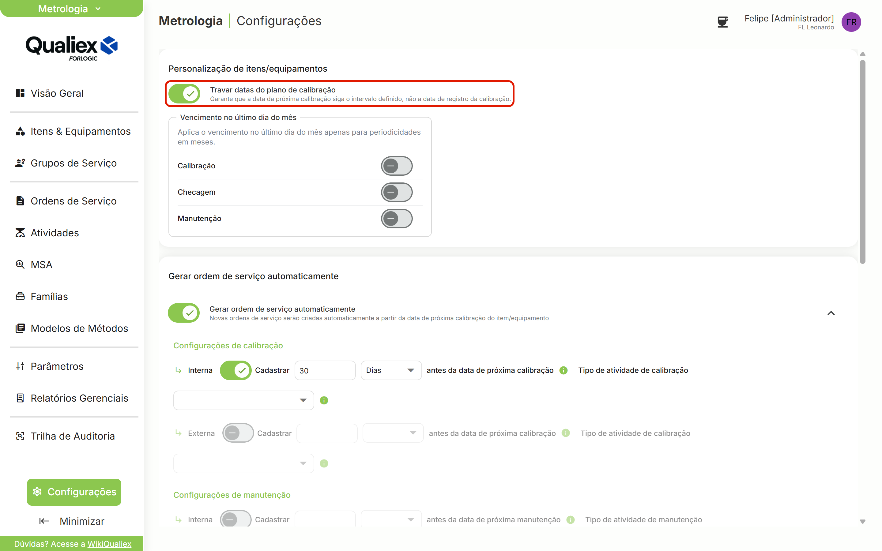 Travar datas do plano de calibracao na secao personalizacao