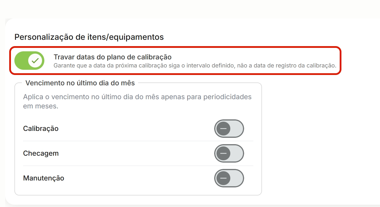 Travar datas do plano de calibracao na secao personalizacao