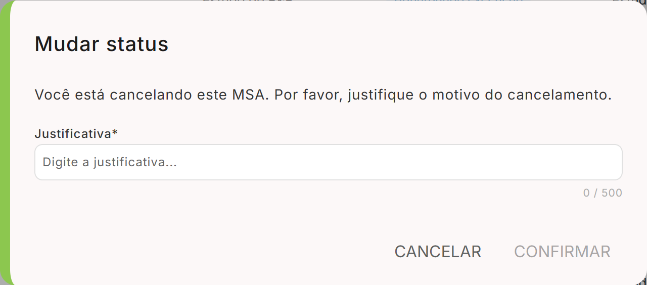 Dialogo mudar status cancelamento