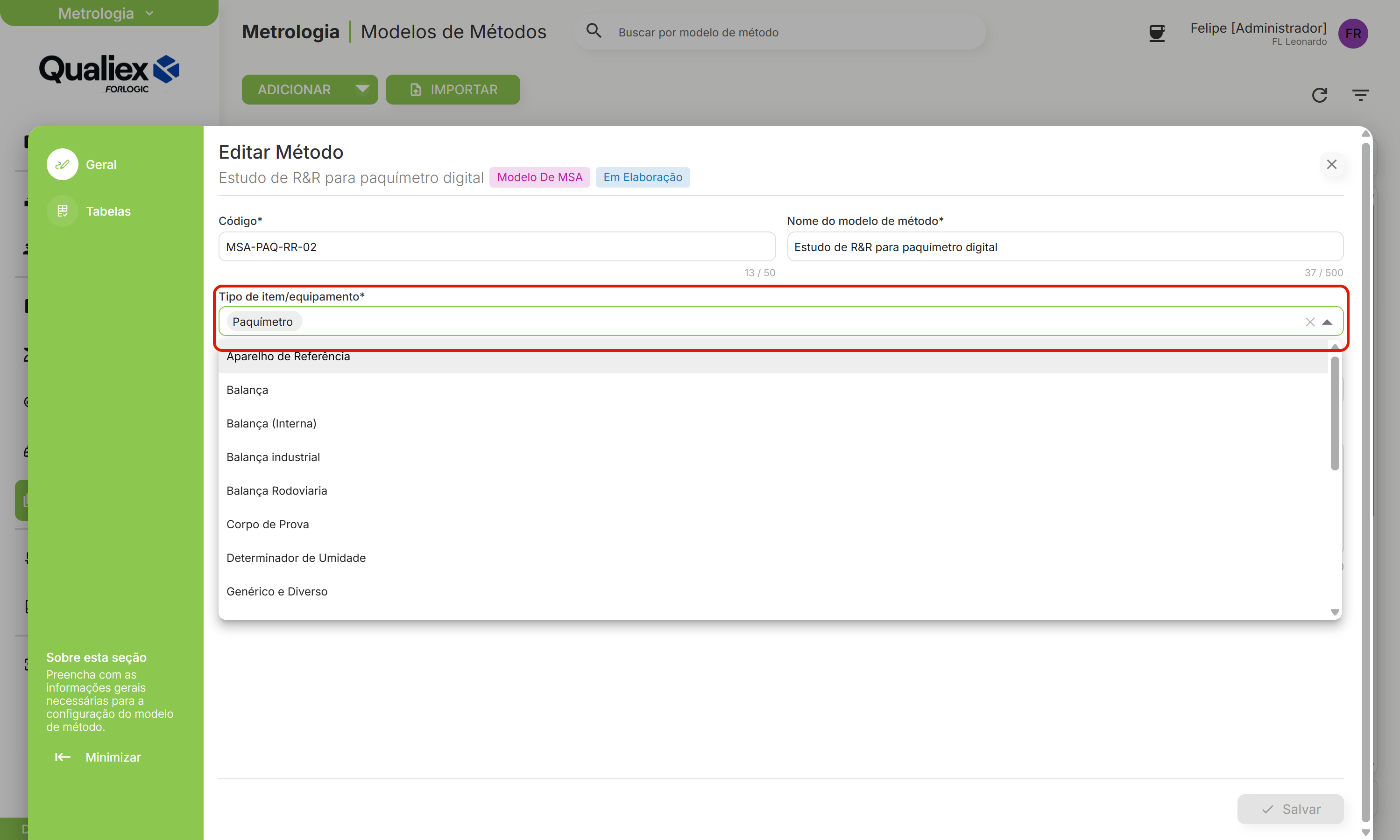 Tipo de item equipamento