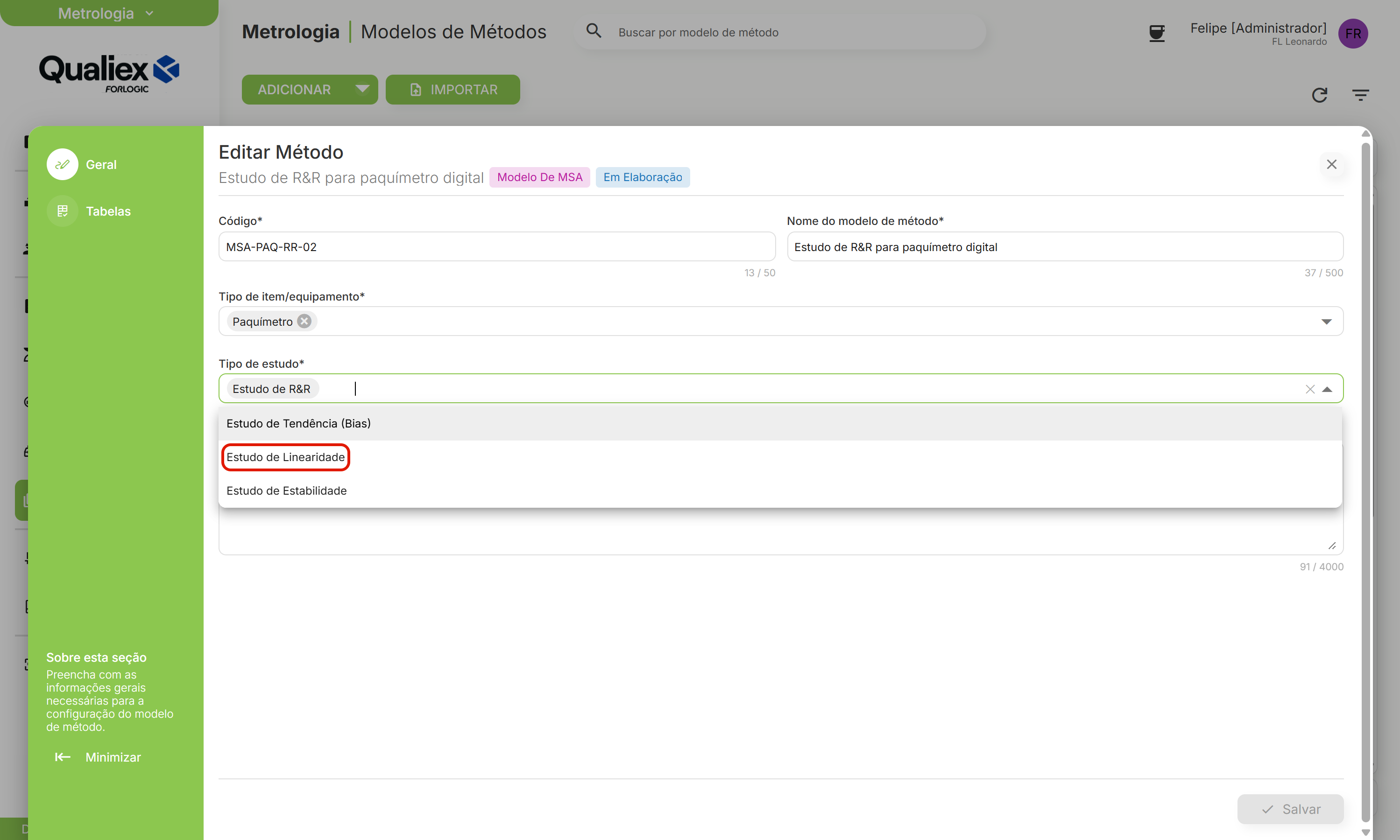 Tipos de estudo disponiveis