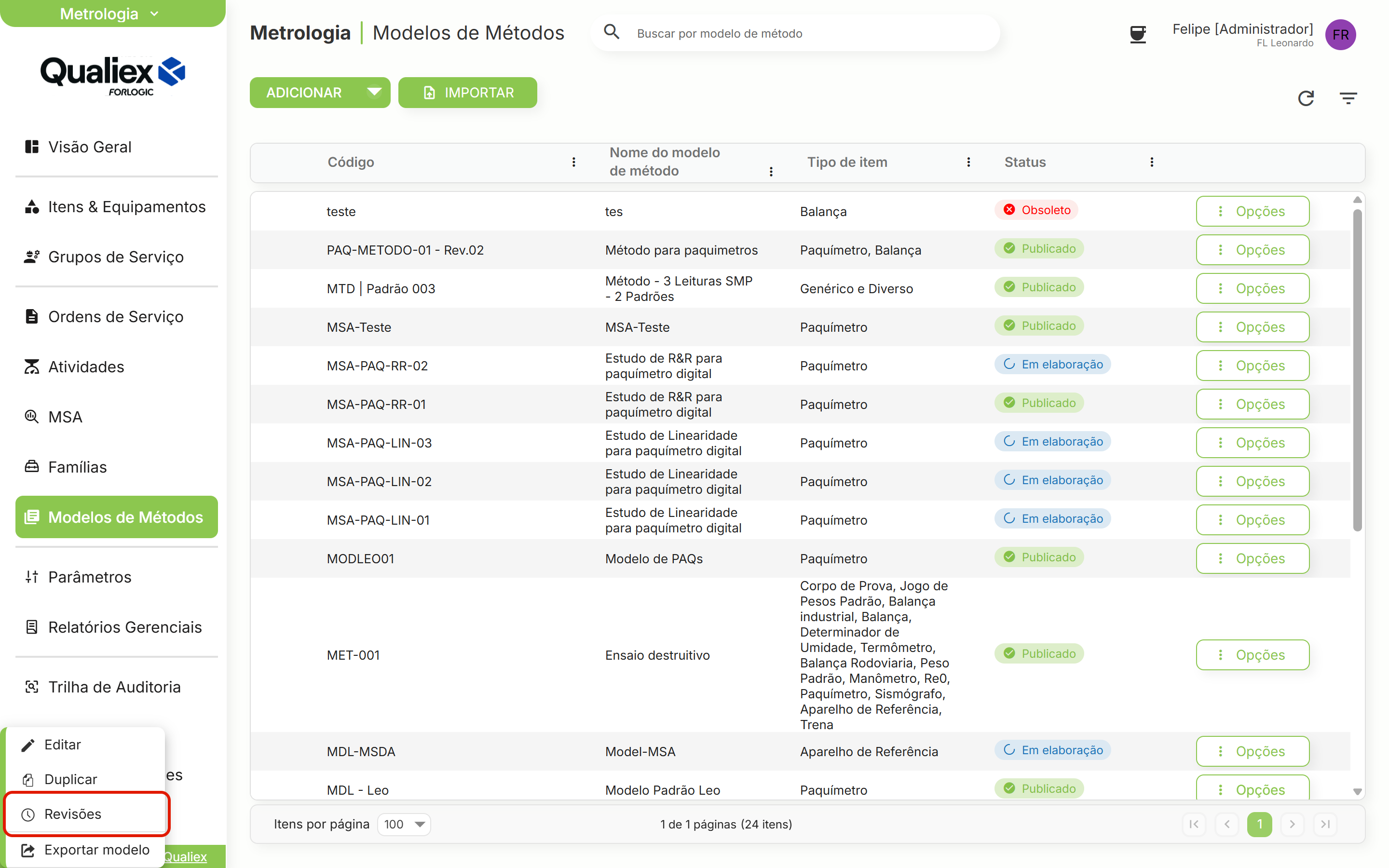 Menu opcoes com revisoes