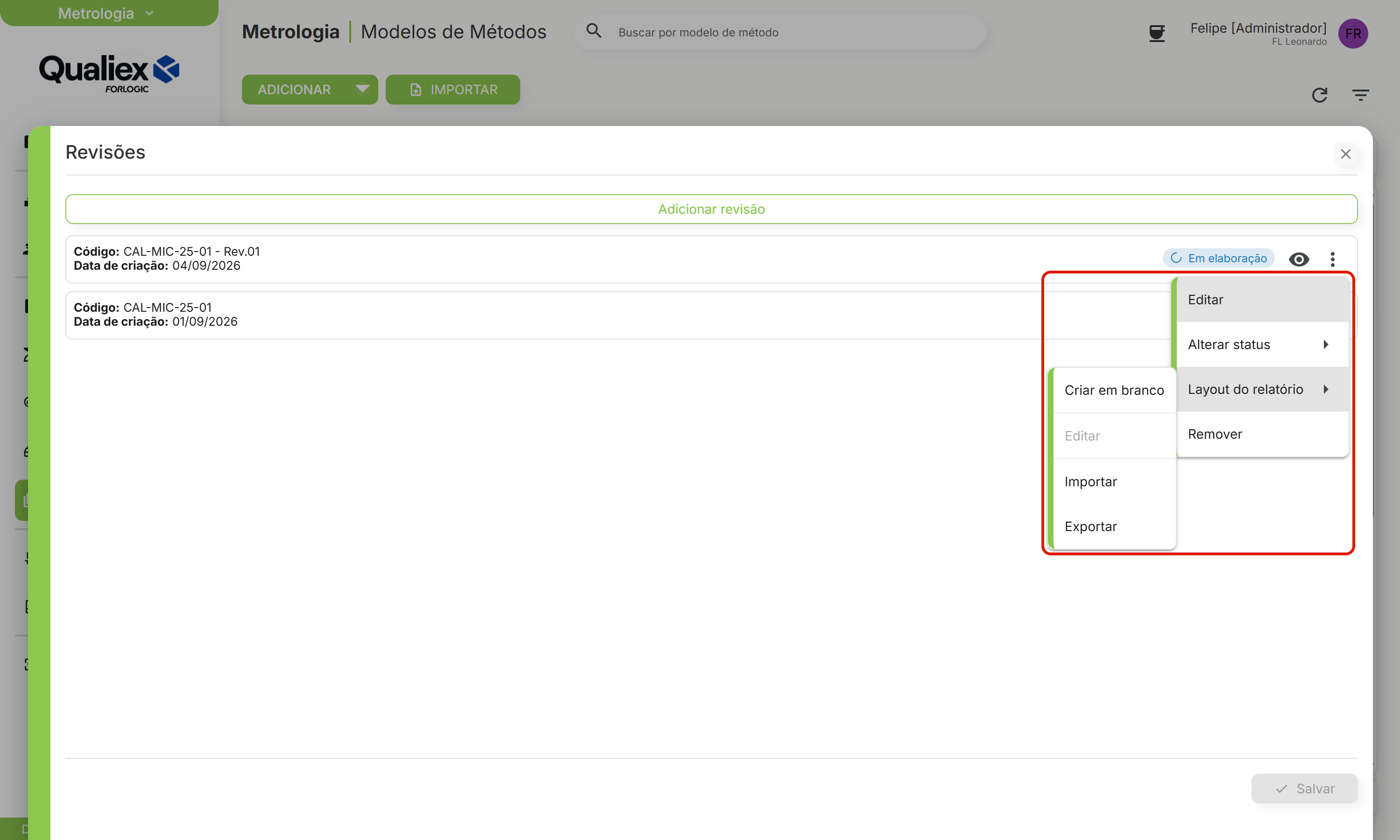 Submenu layout do relatorio com os quatro itens