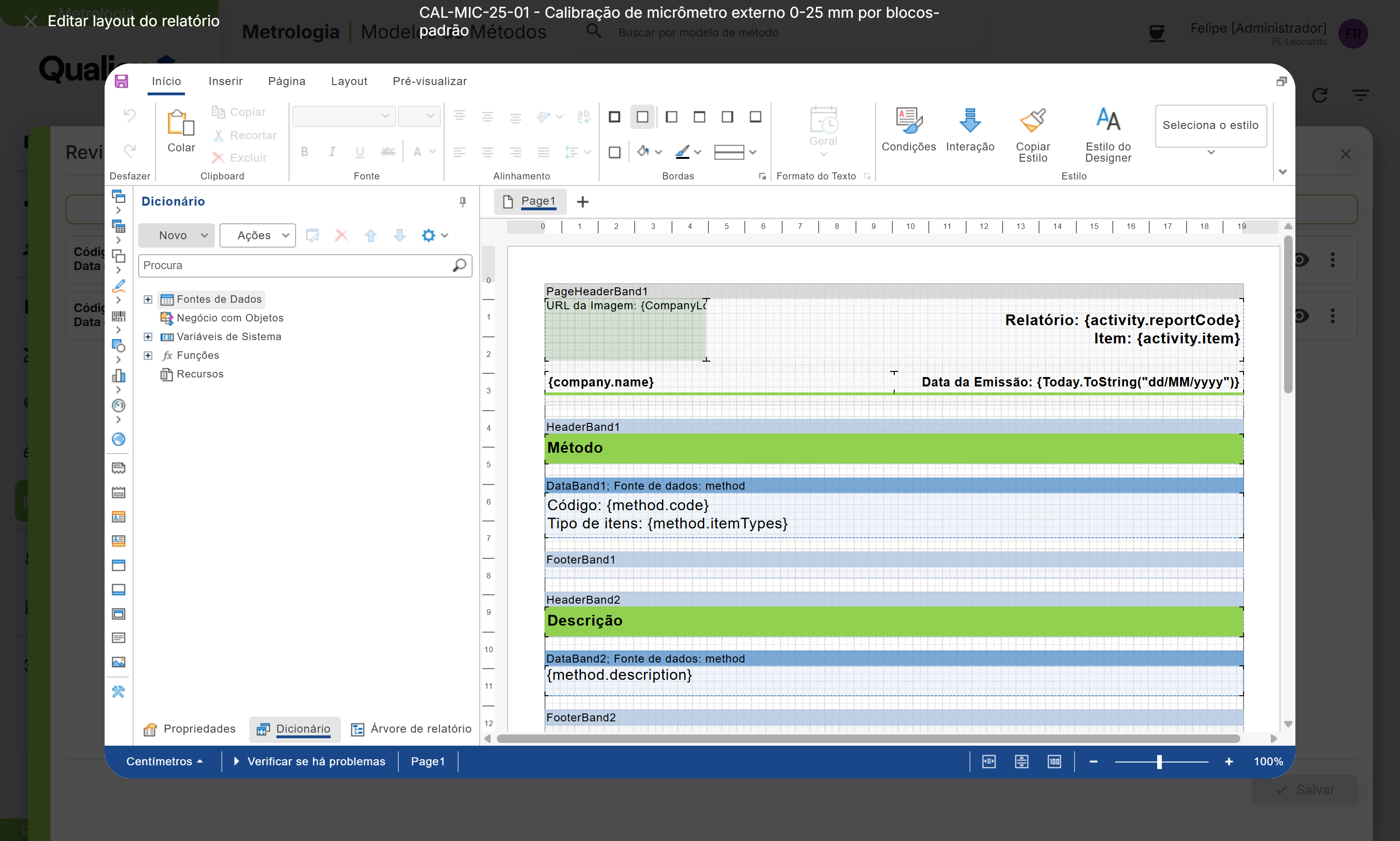 Editor de layout do relatorio