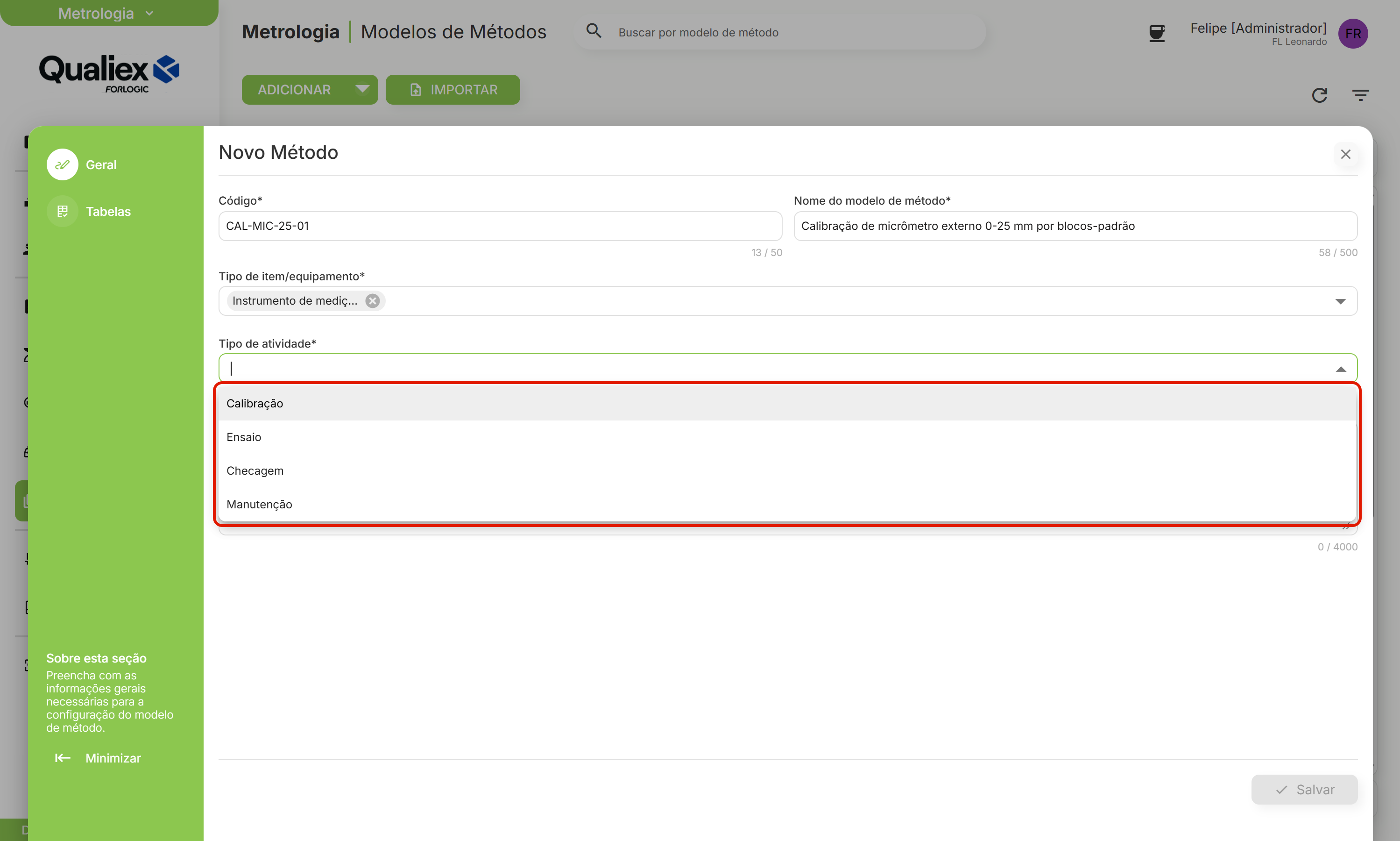 As quatro categorias de tipo de atividade