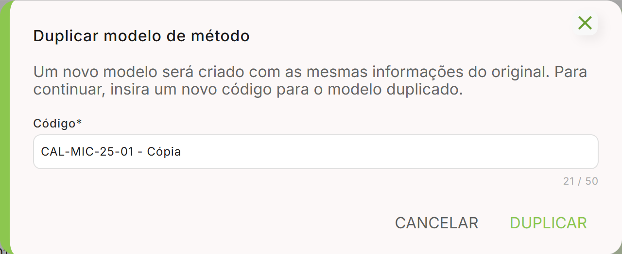 Dialogo duplicar modelo de metodo com o codigo sugerido