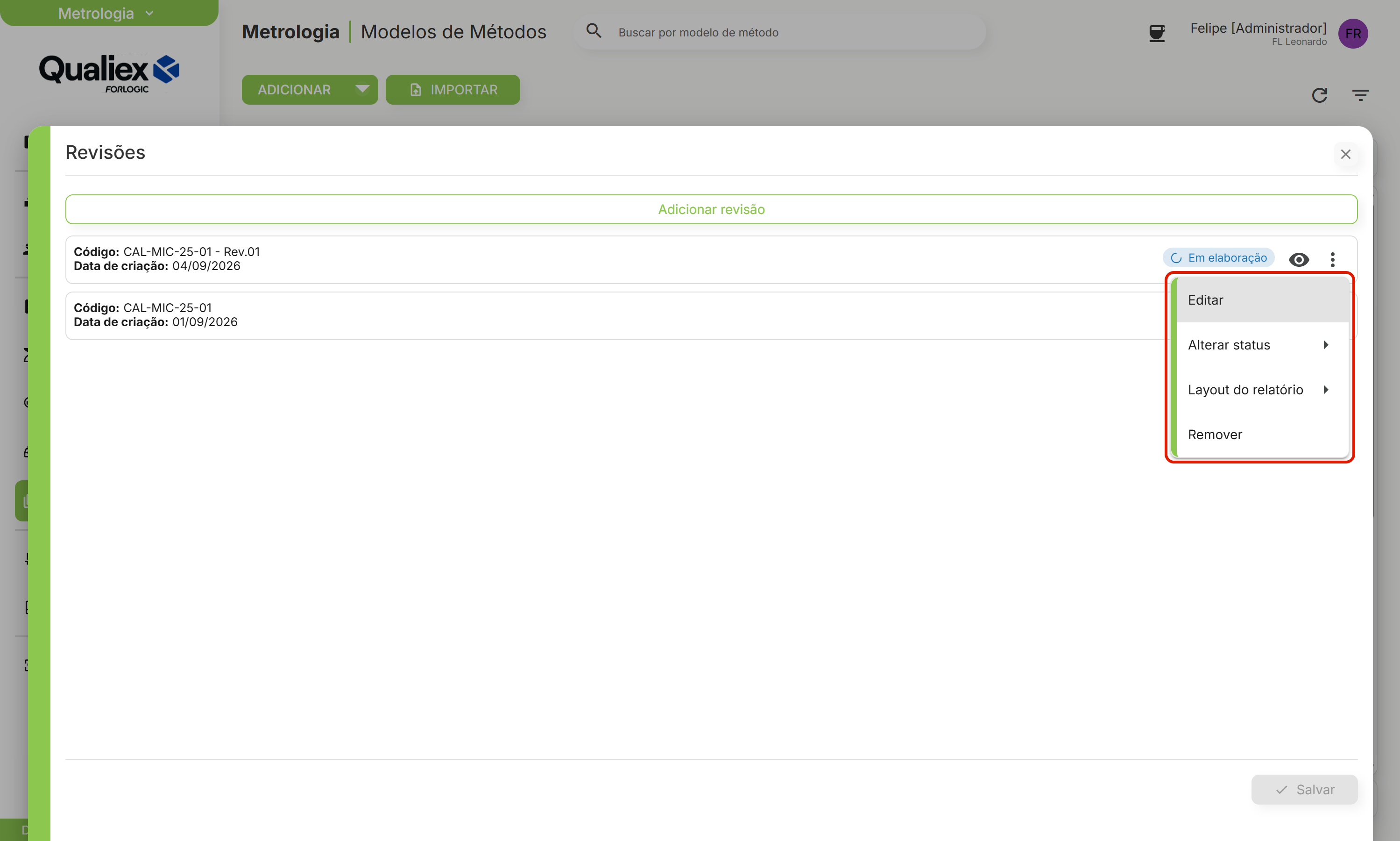Menu da revisao em elaboracao tudo habilitado