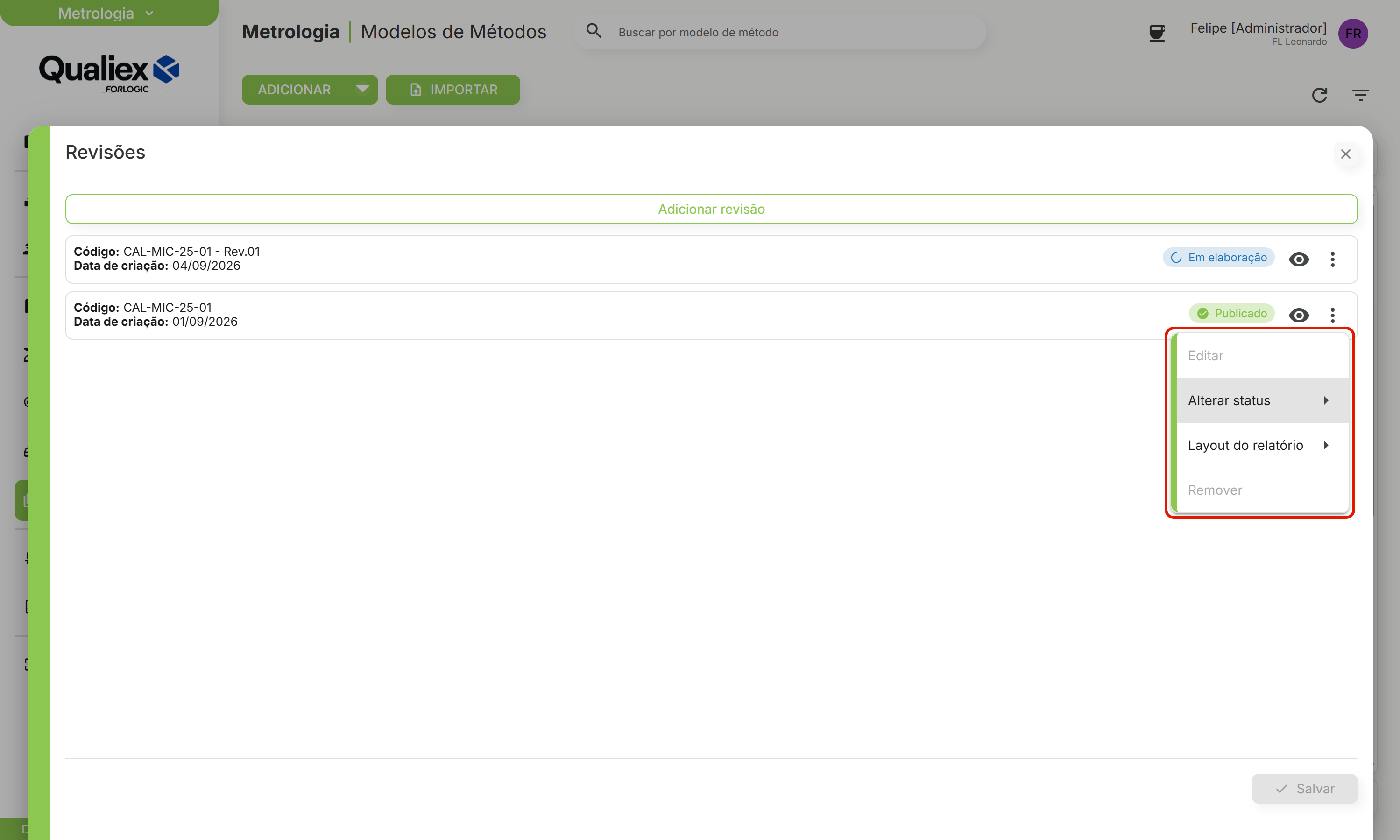 Menu da revisao publicada editar e remover desabilitados