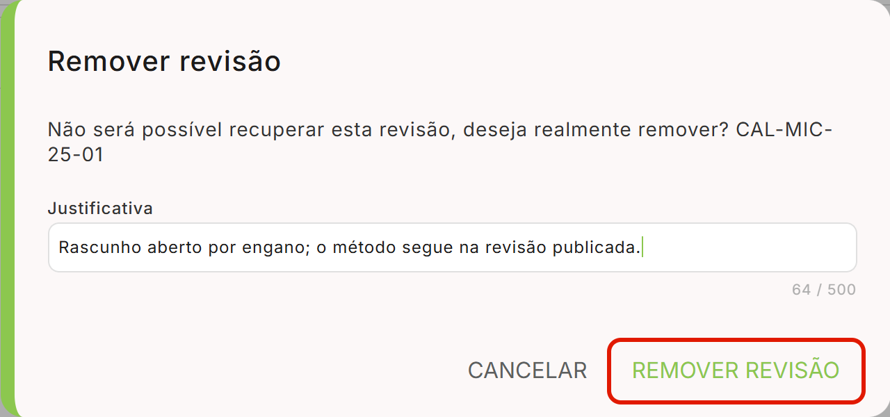 Justificativa e botao remover revisao