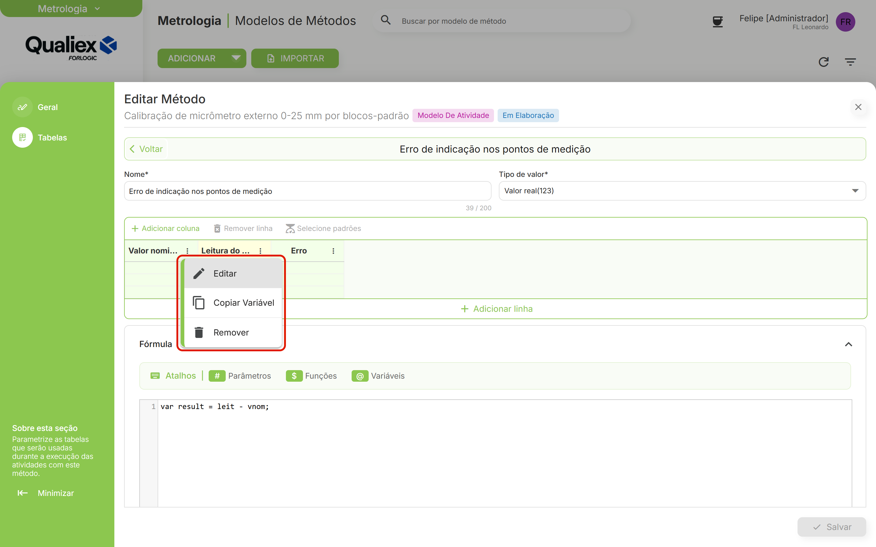 Menu da coluna com copiar variavel