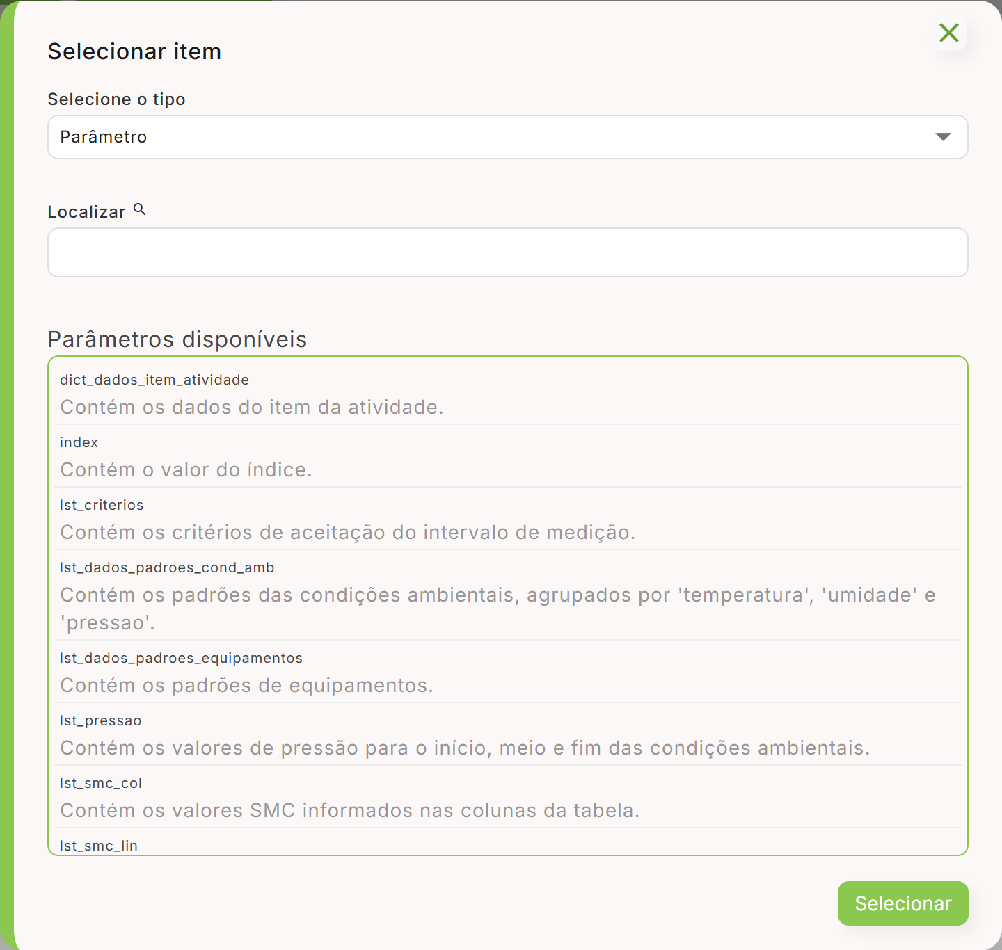 Dialogo selecionar item