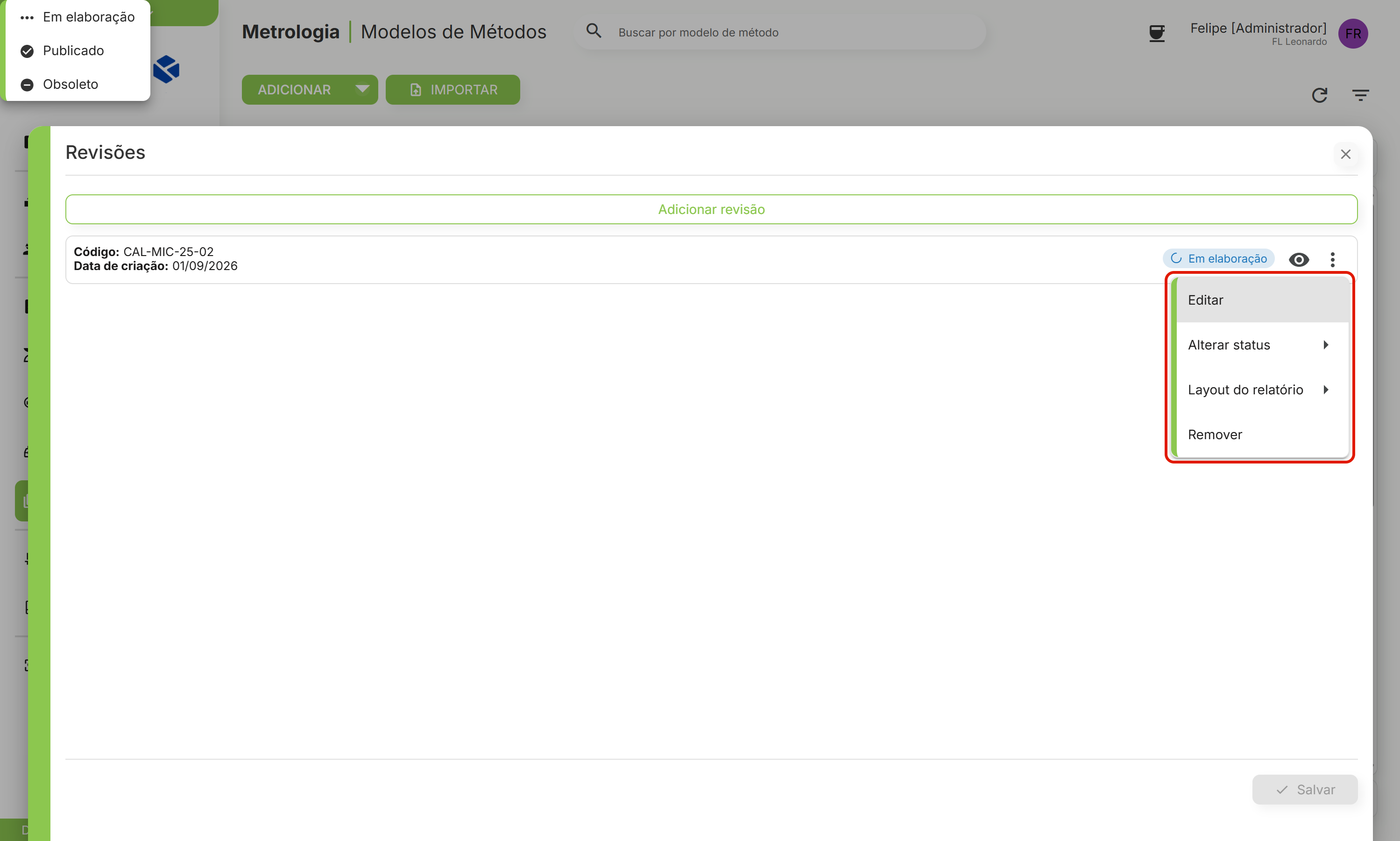 Submenu alterar status em elaboracao