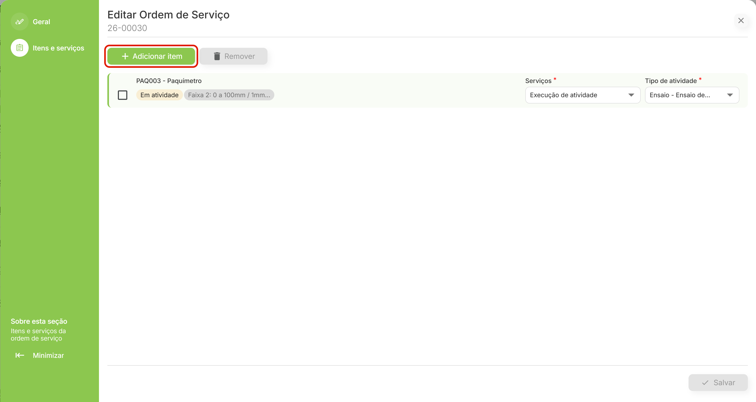 Secao itens e servicos