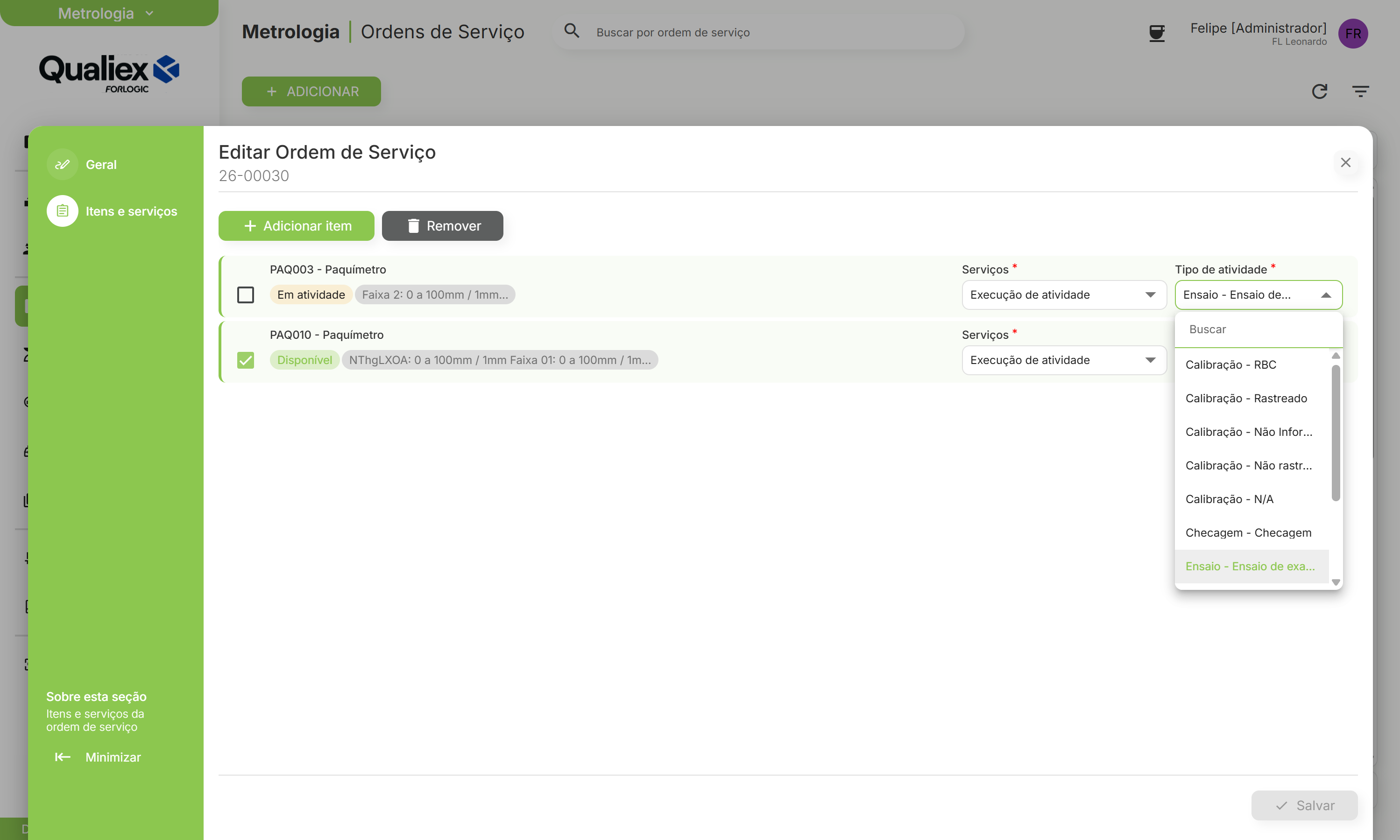Tipos de atividade com execucao de atividade
