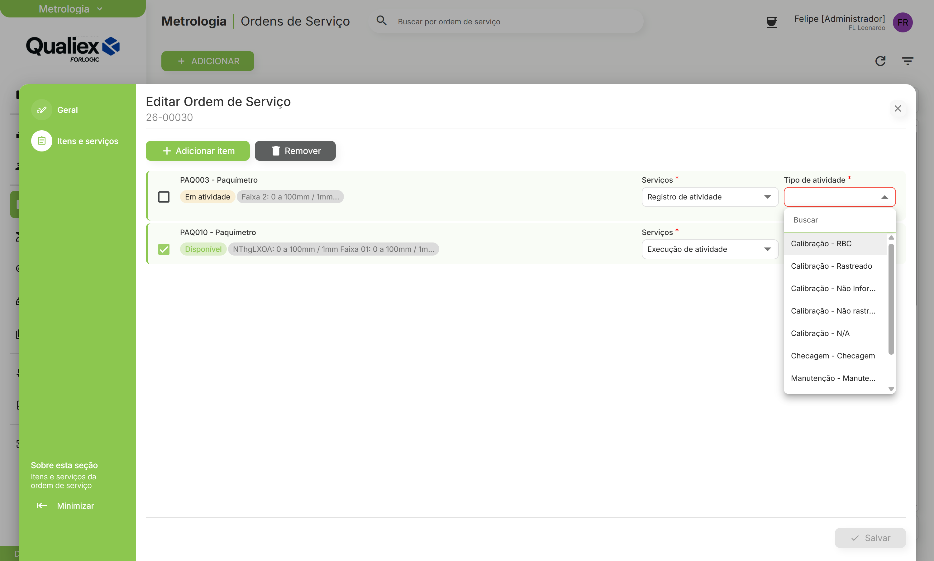 Tipos de atividade com registro de atividade