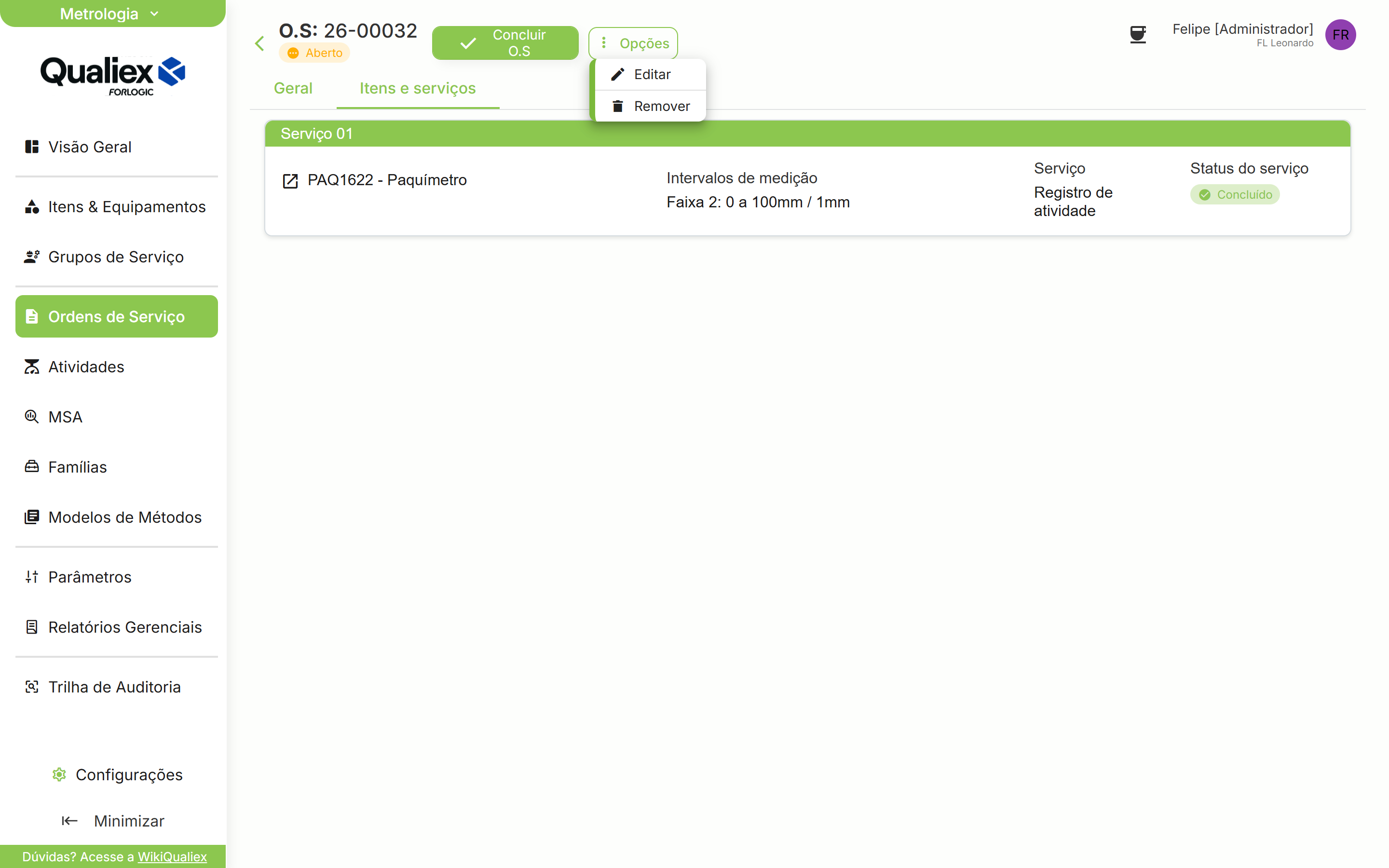 Menu opcoes sem a acao de concluir