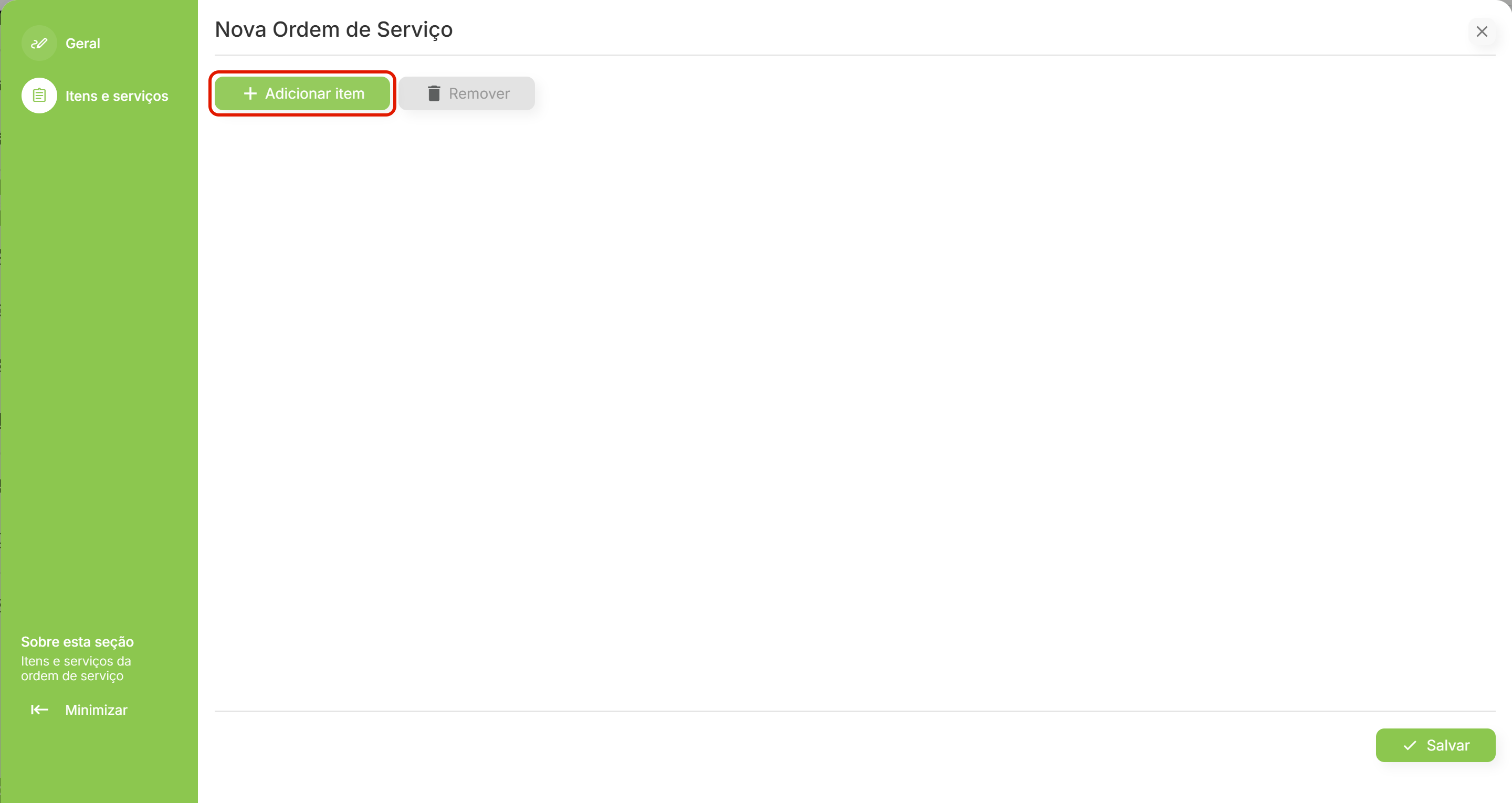 Secao itens e servicos vazia