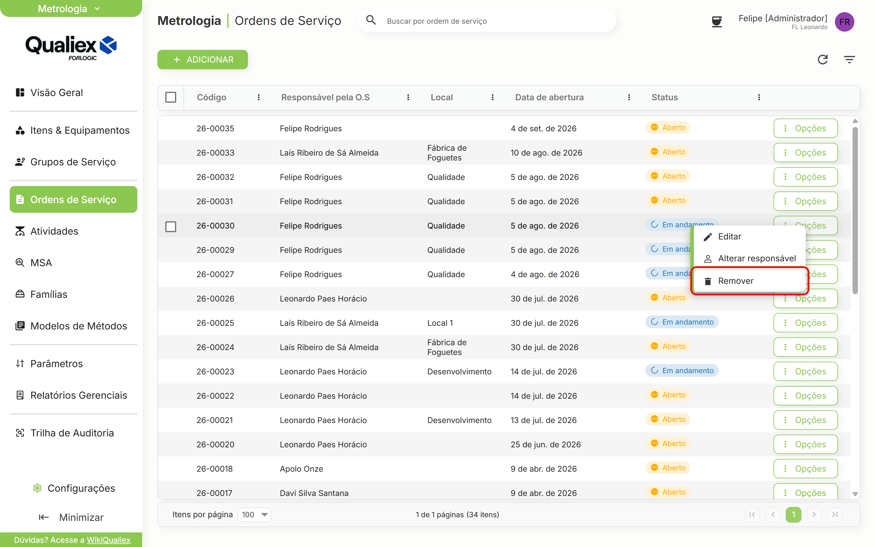 Menu da linha remover