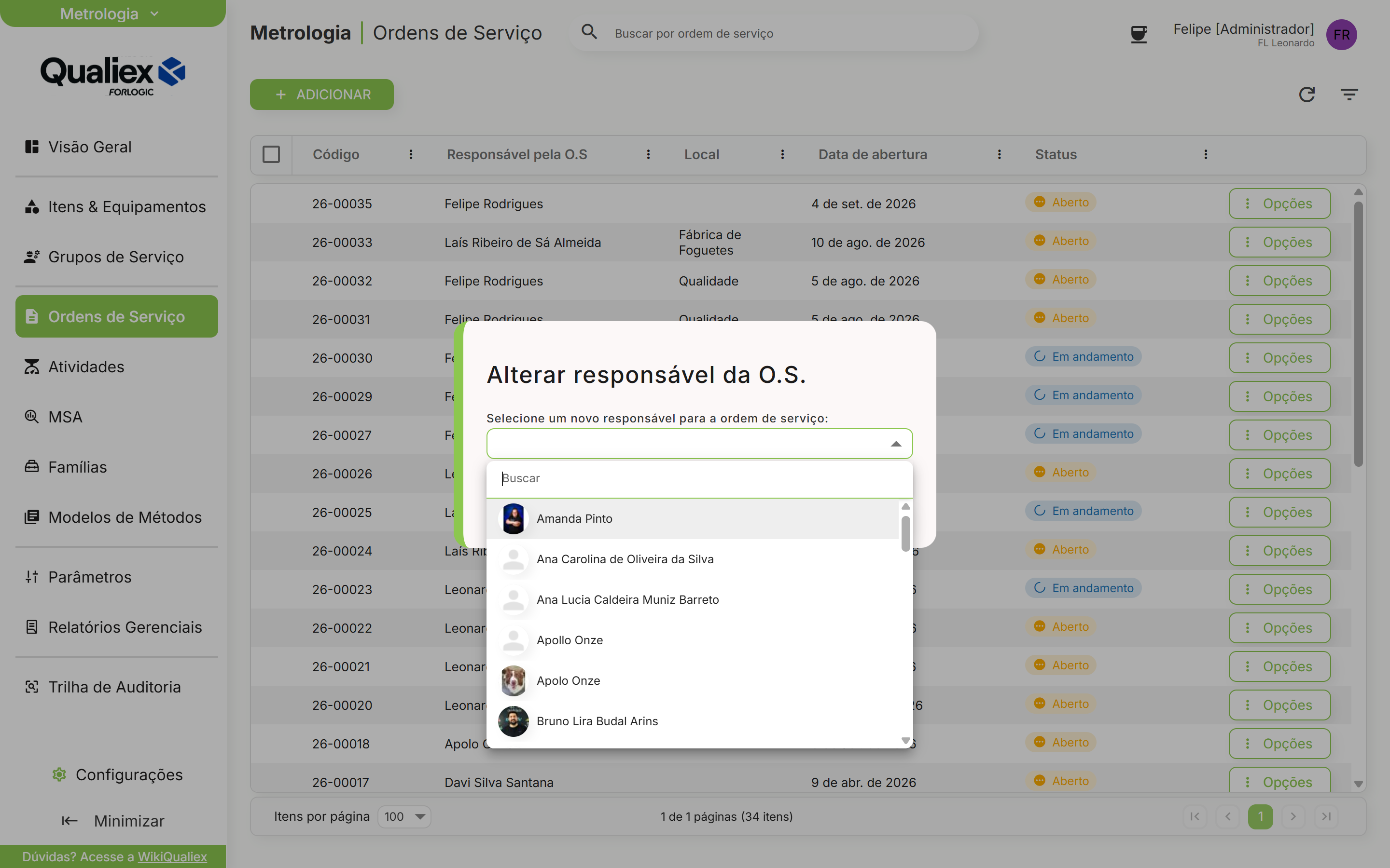 Lista de novos responsaveis