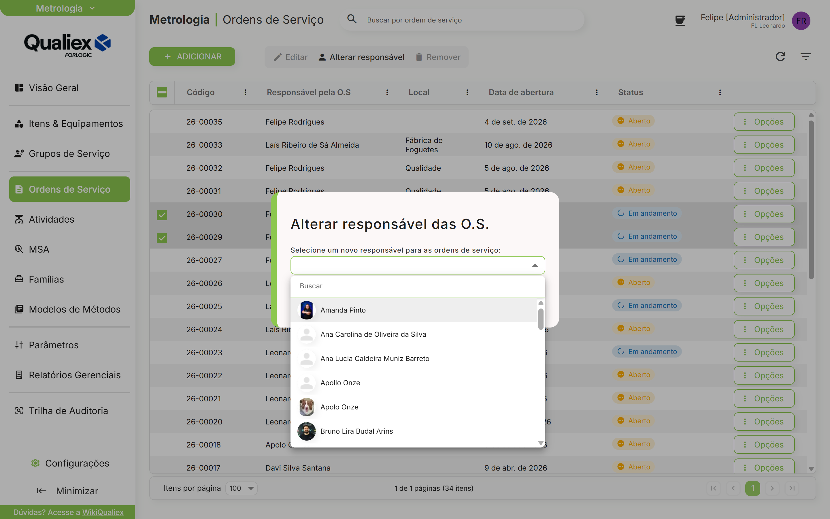 Lista de novos responsaveis