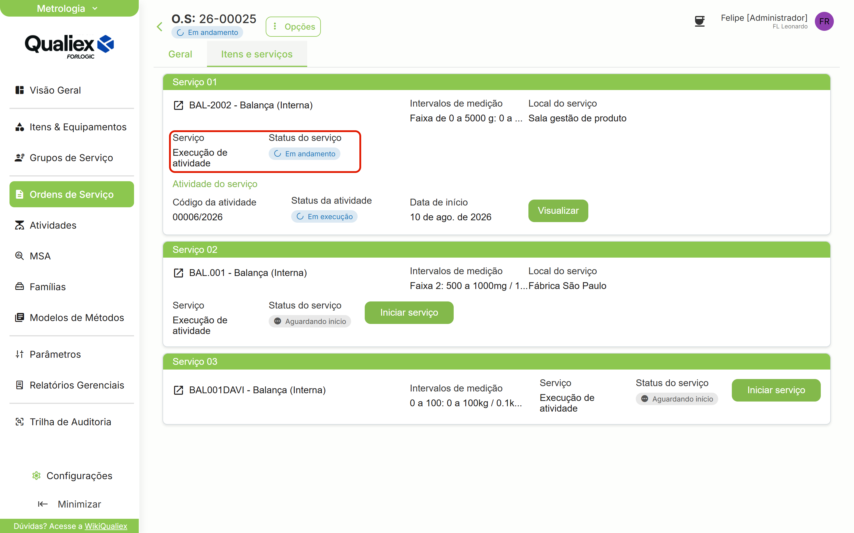 Item em andamento com atividade