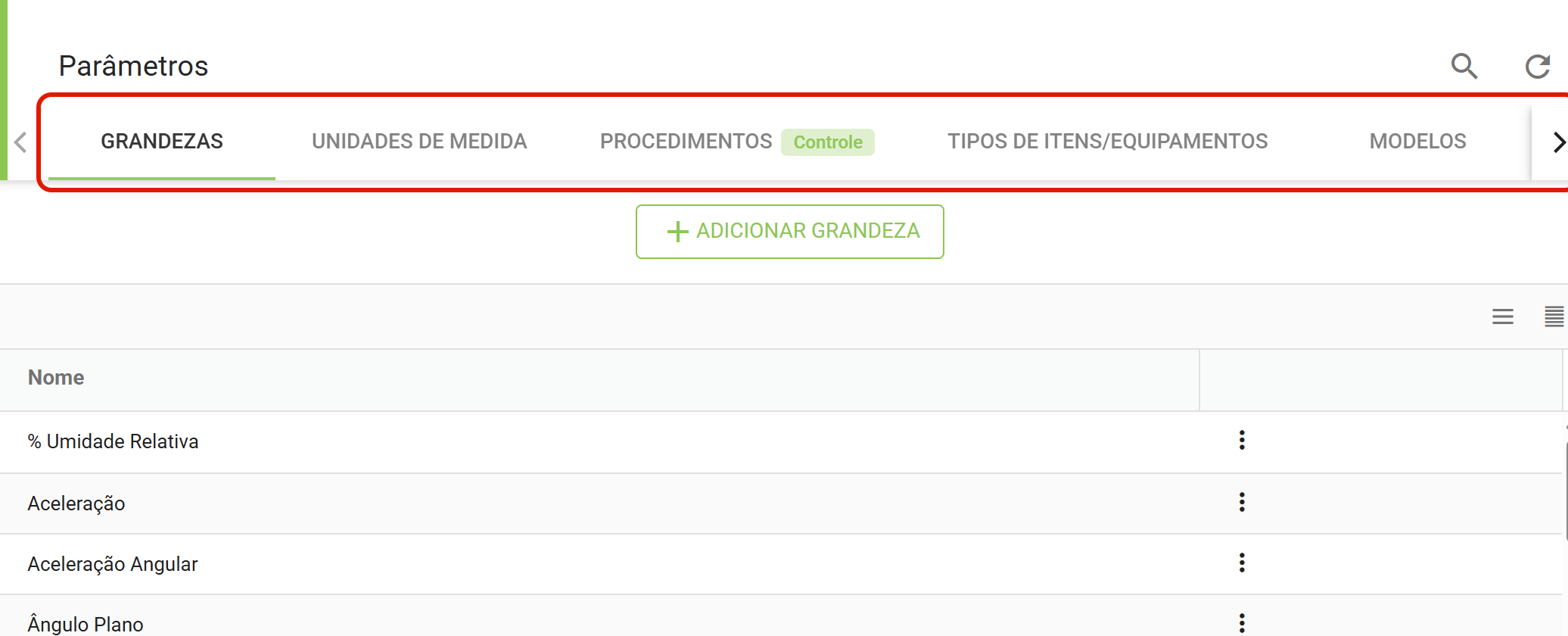 Parametros as dez abas de cadastro