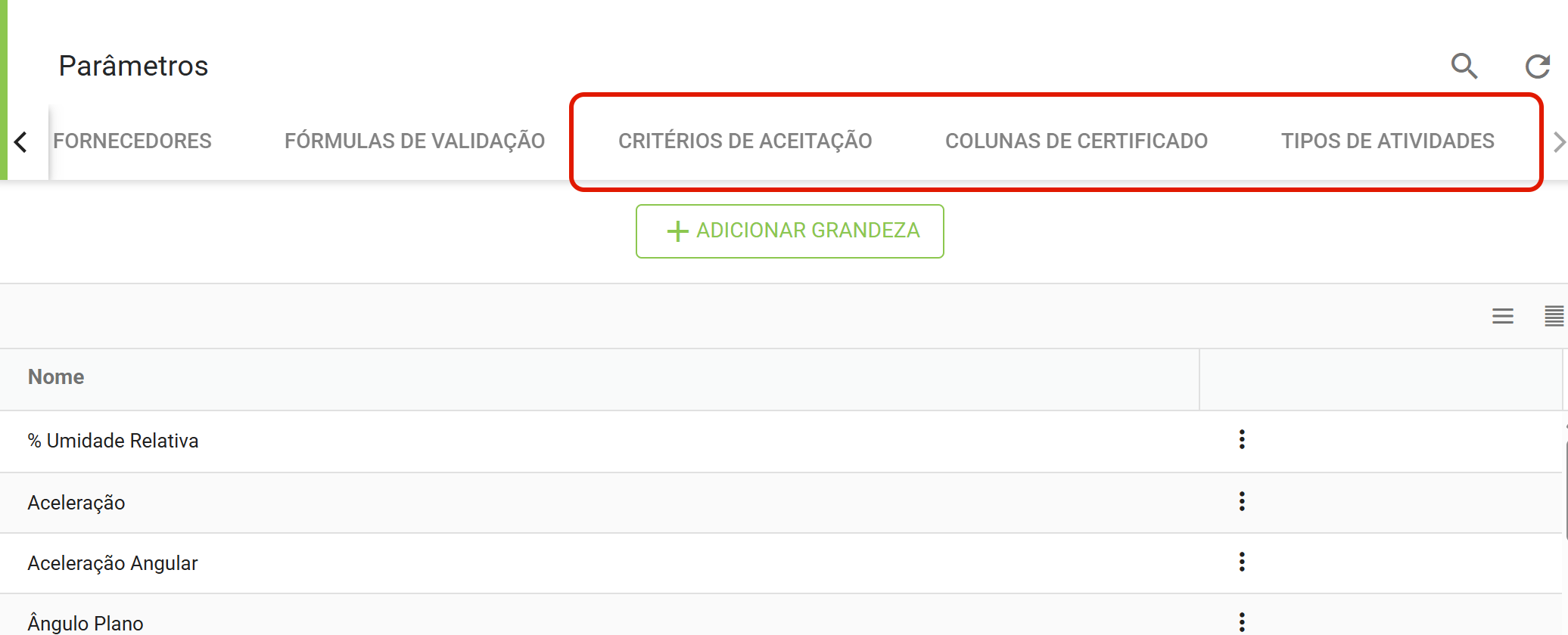 As ultimas abas de parametros