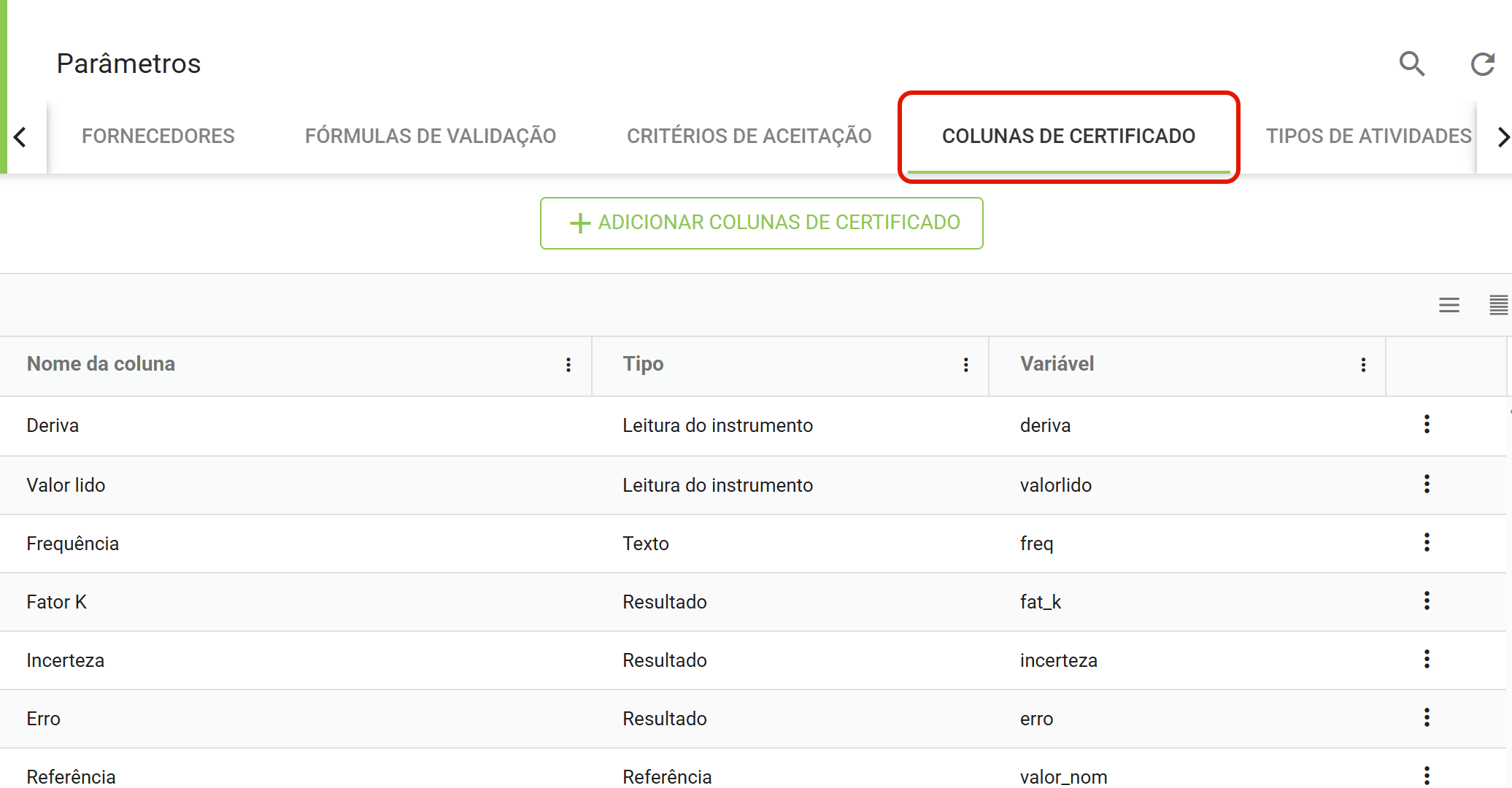 7 colunas de certificado