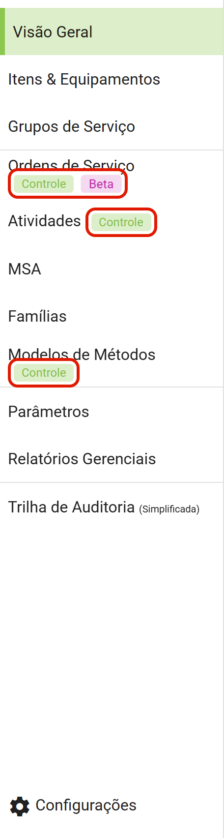 Selos controle e beta no menu