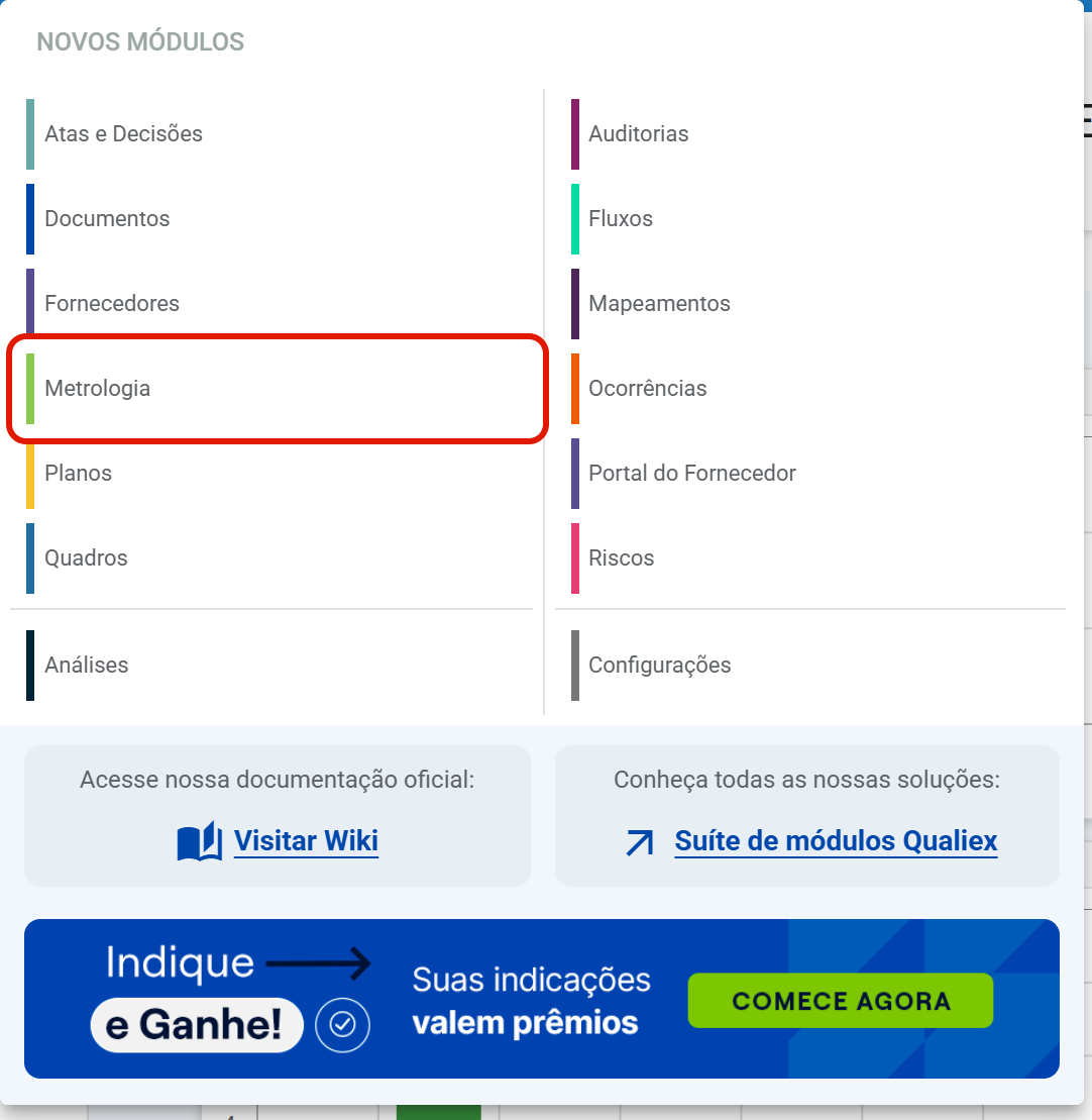Lista de módulos do Qualiex