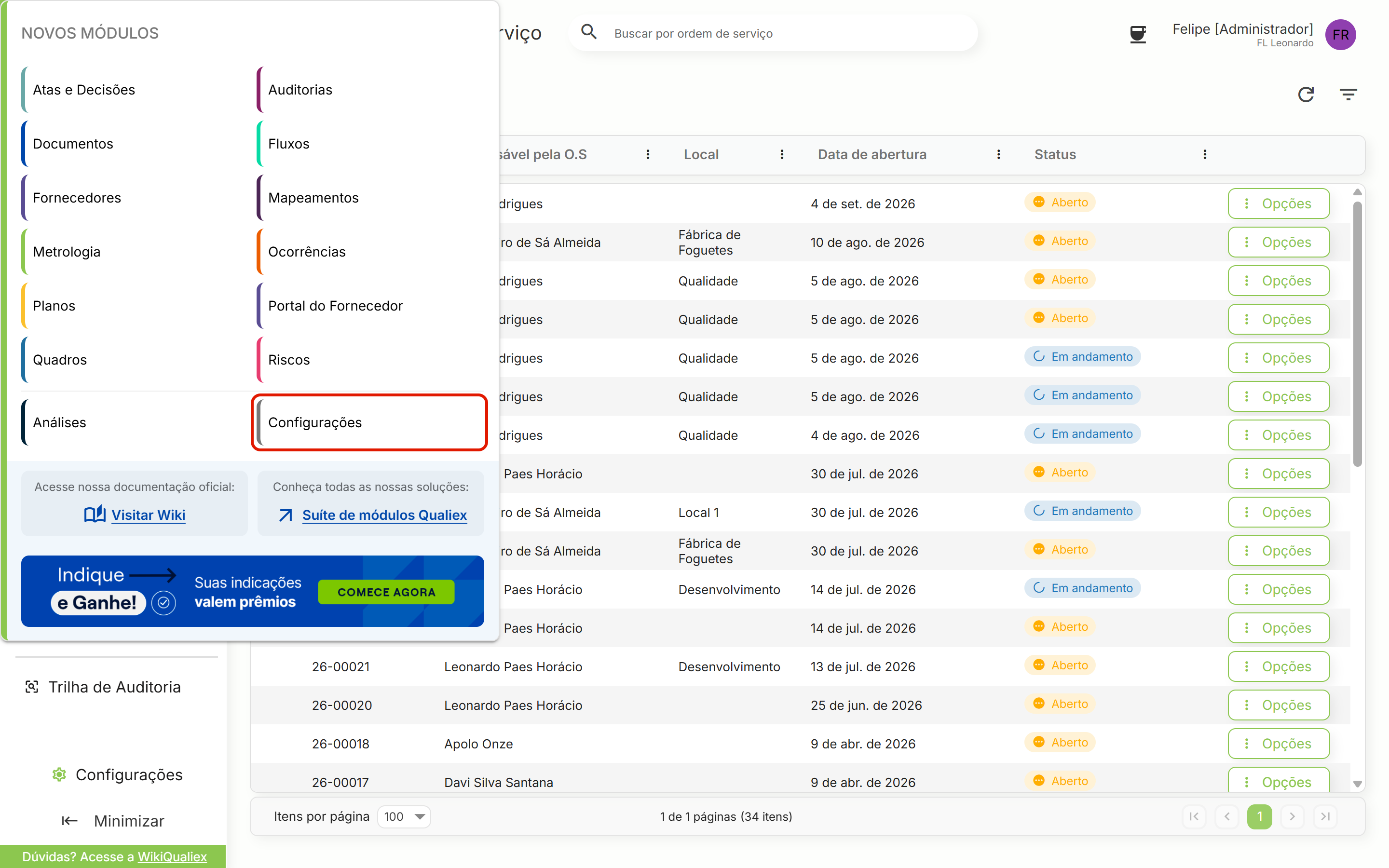 Menu do qualiex configuracoes