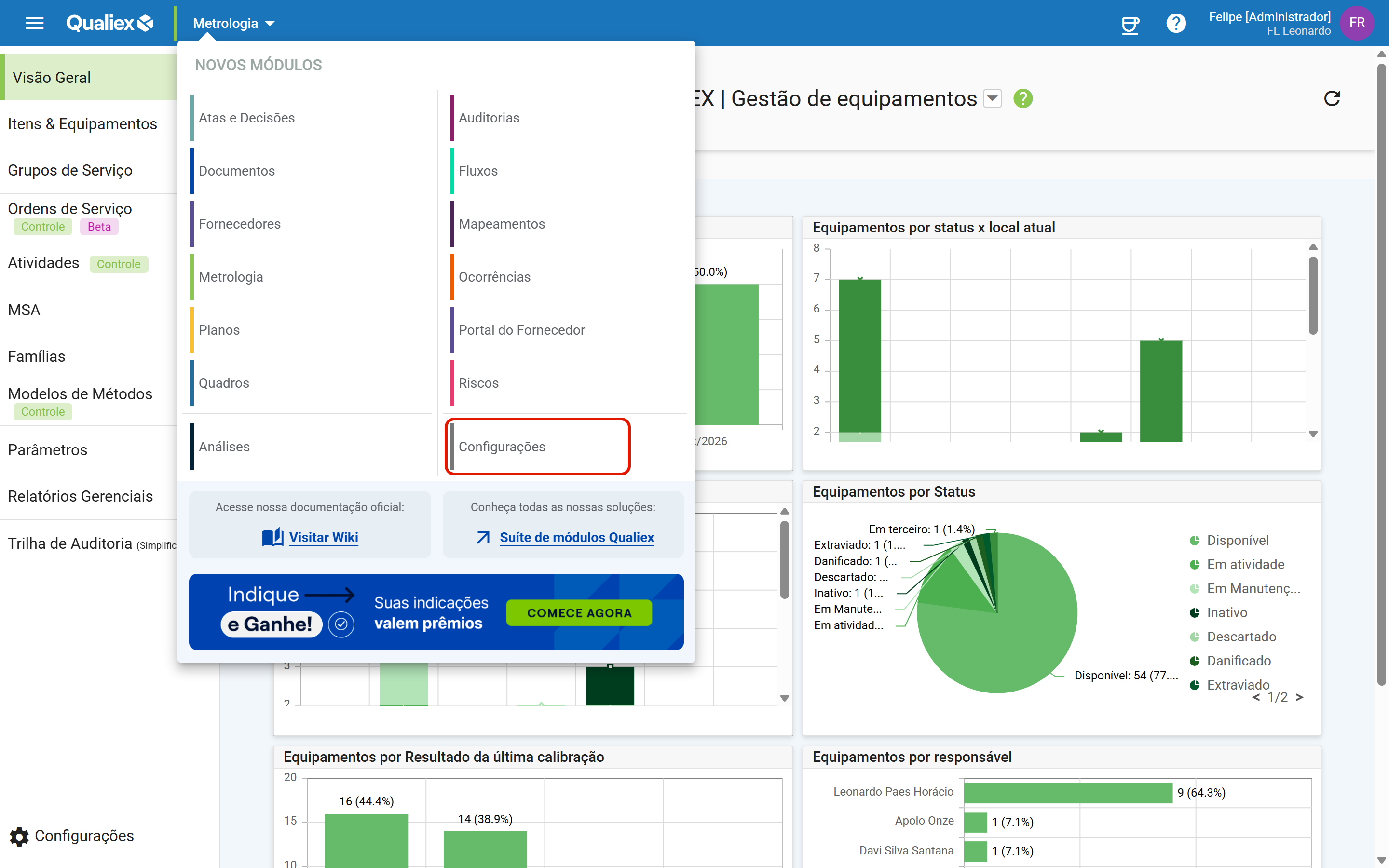 Configuracoes do qualiex na lista de modulos